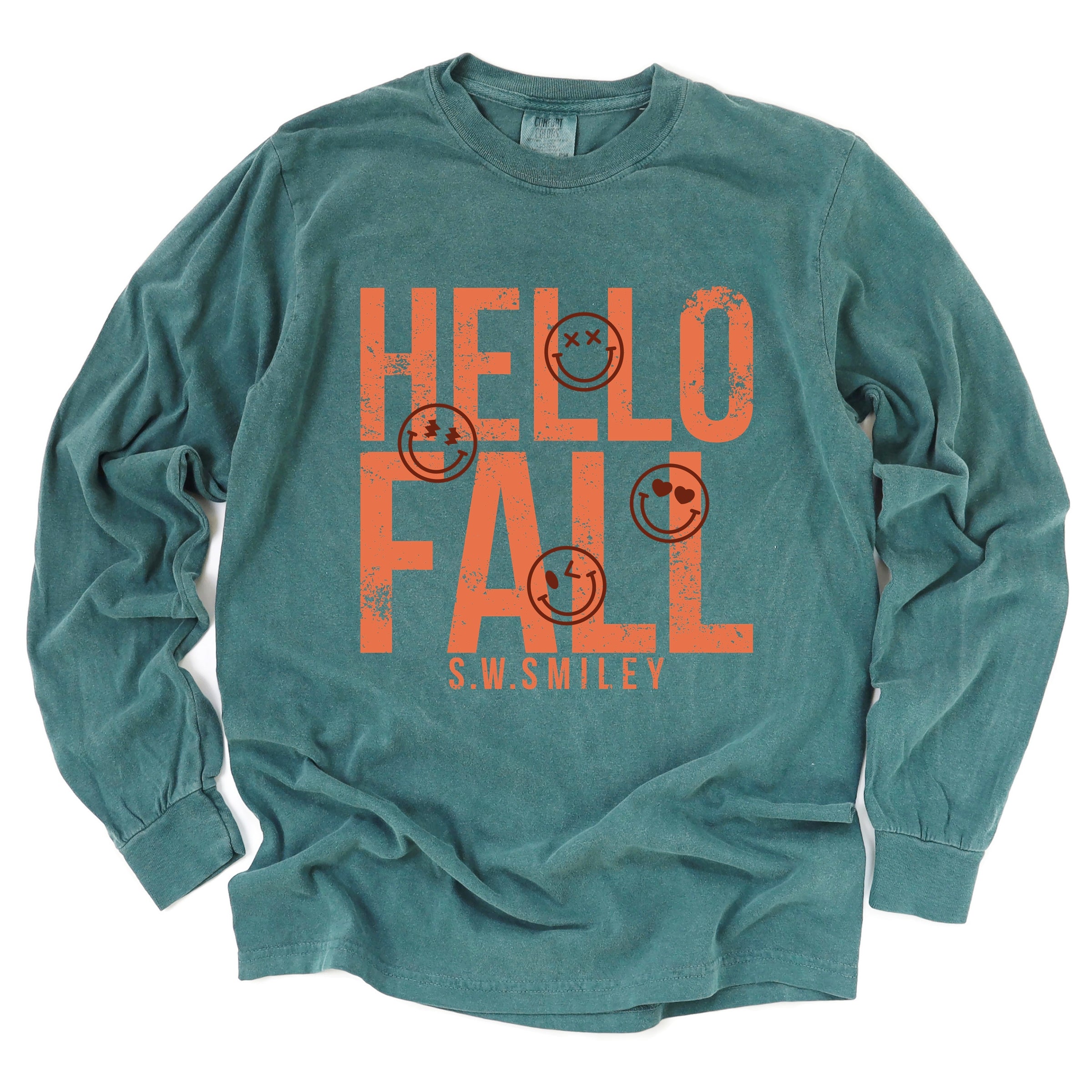S.W.Smiley Hello Fall - Womens Garment Dyed Long Sleeve Graphic T-Shirt