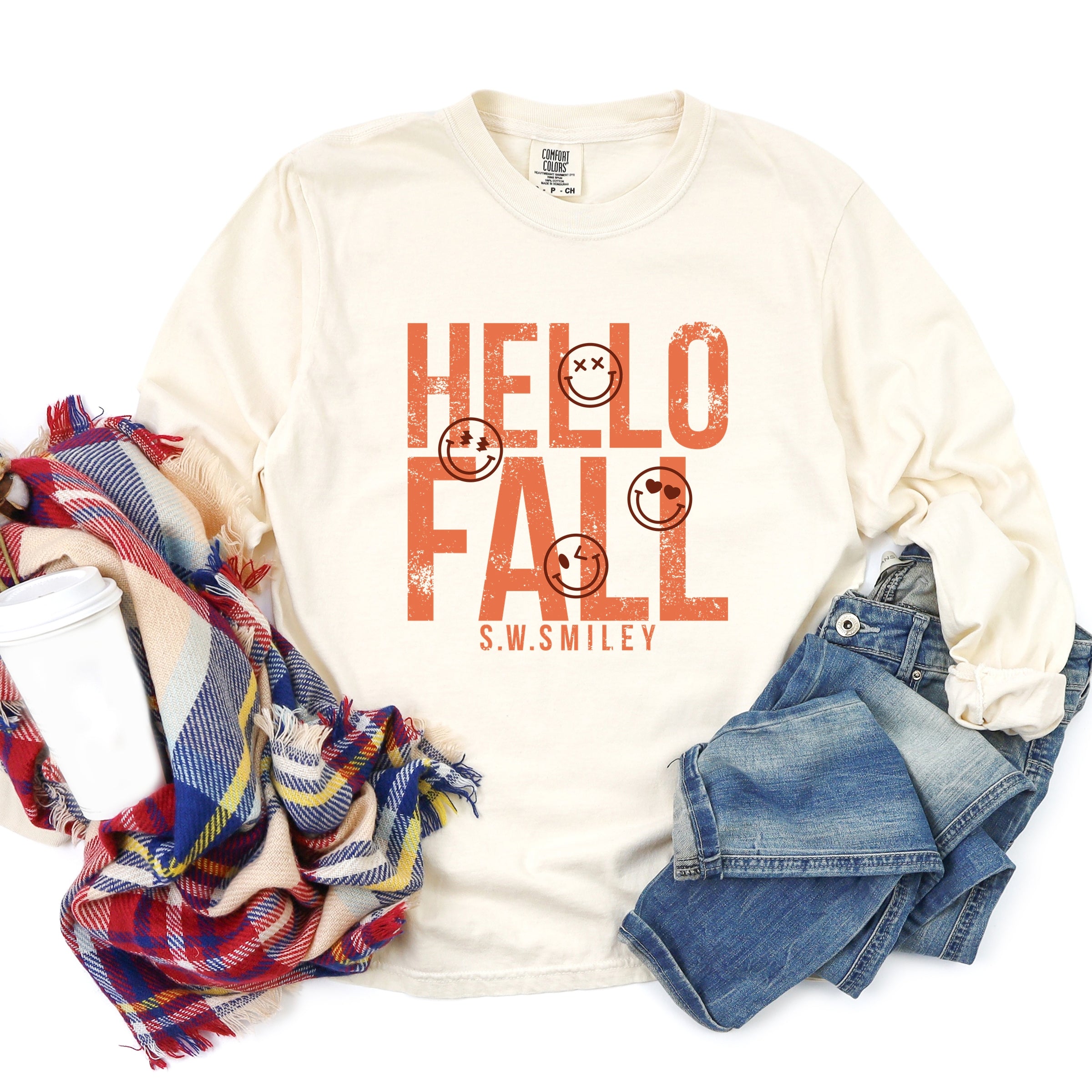 S.W.Smiley Hello Fall - Womens Garment Dyed Long Sleeve Graphic T-Shirt
