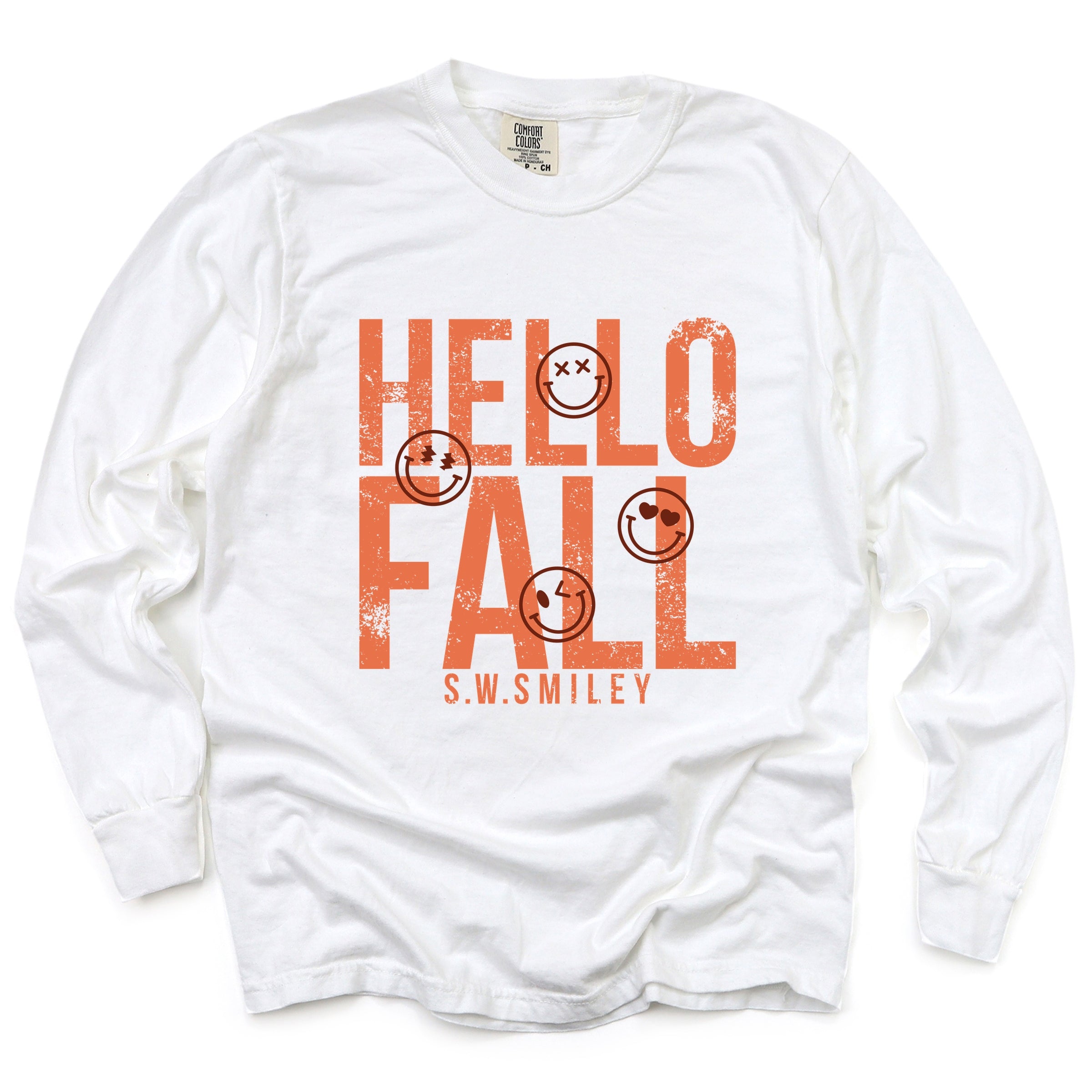 S.W.Smiley Hello Fall - Womens Garment Dyed Long Sleeve Graphic T-Shirt