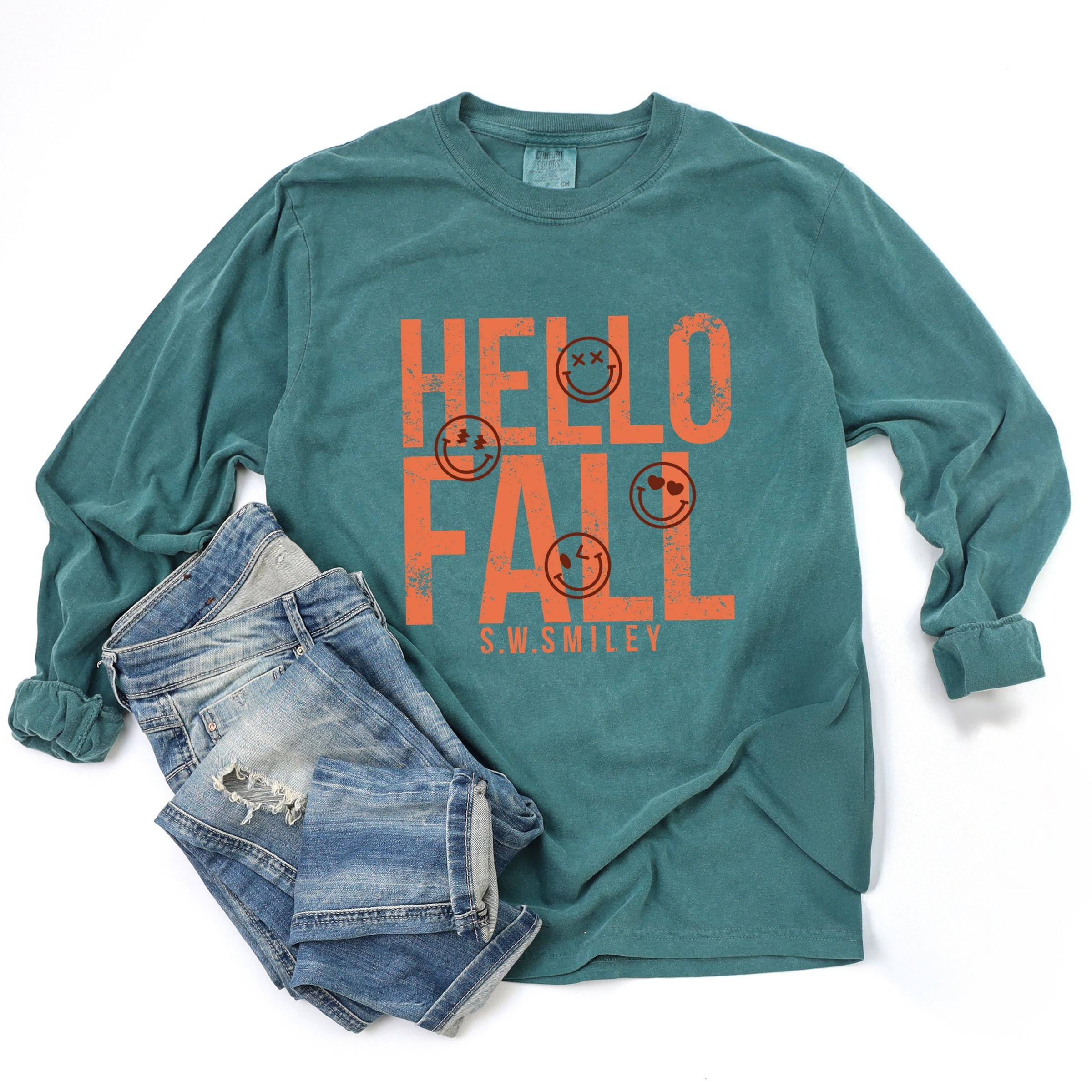 S.W.Smiley Hello Fall - Womens Garment Dyed Long Sleeve Graphic T-Shirt