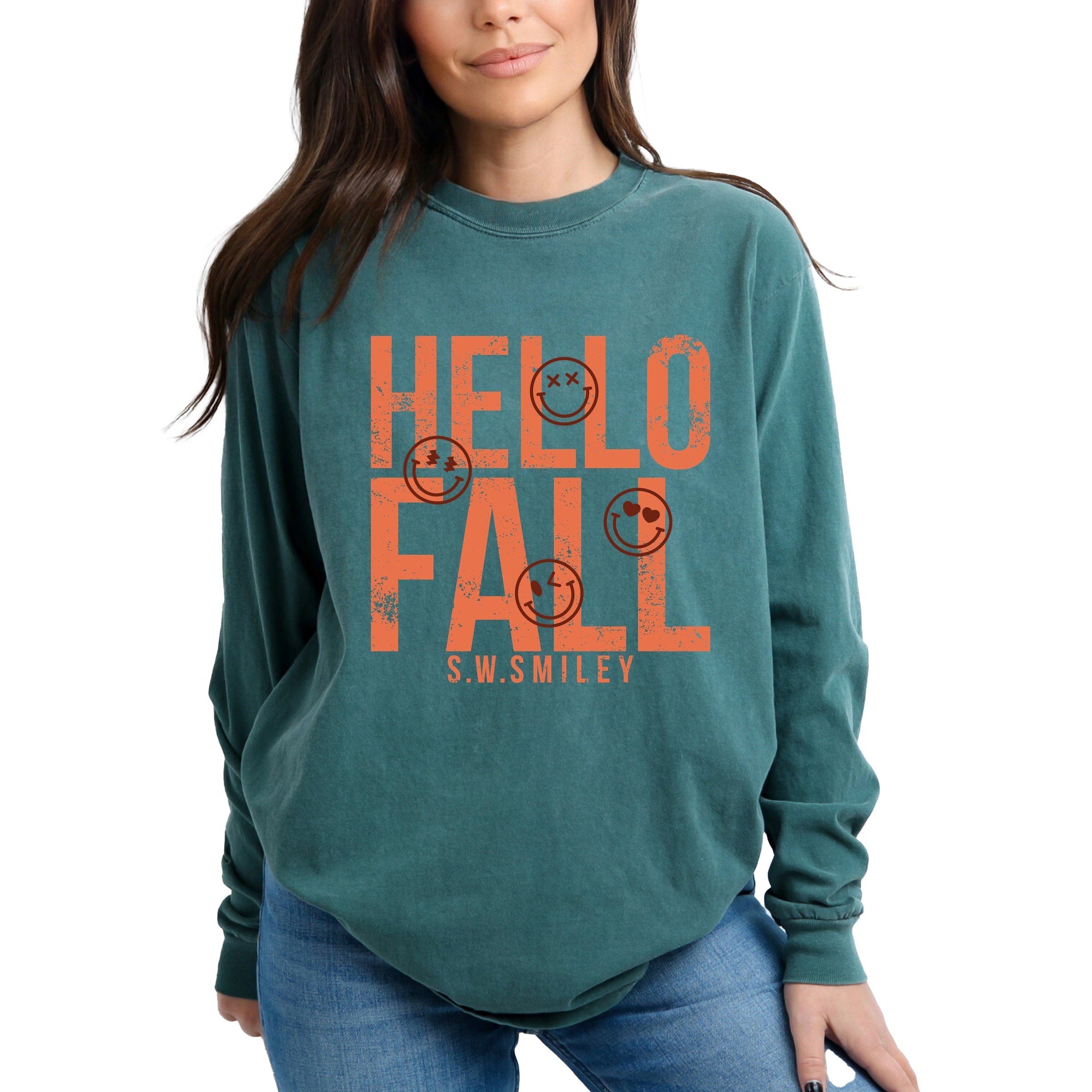 S.W.Smiley Hello Fall - Womens Garment Dyed Long Sleeve Graphic T-Shirt