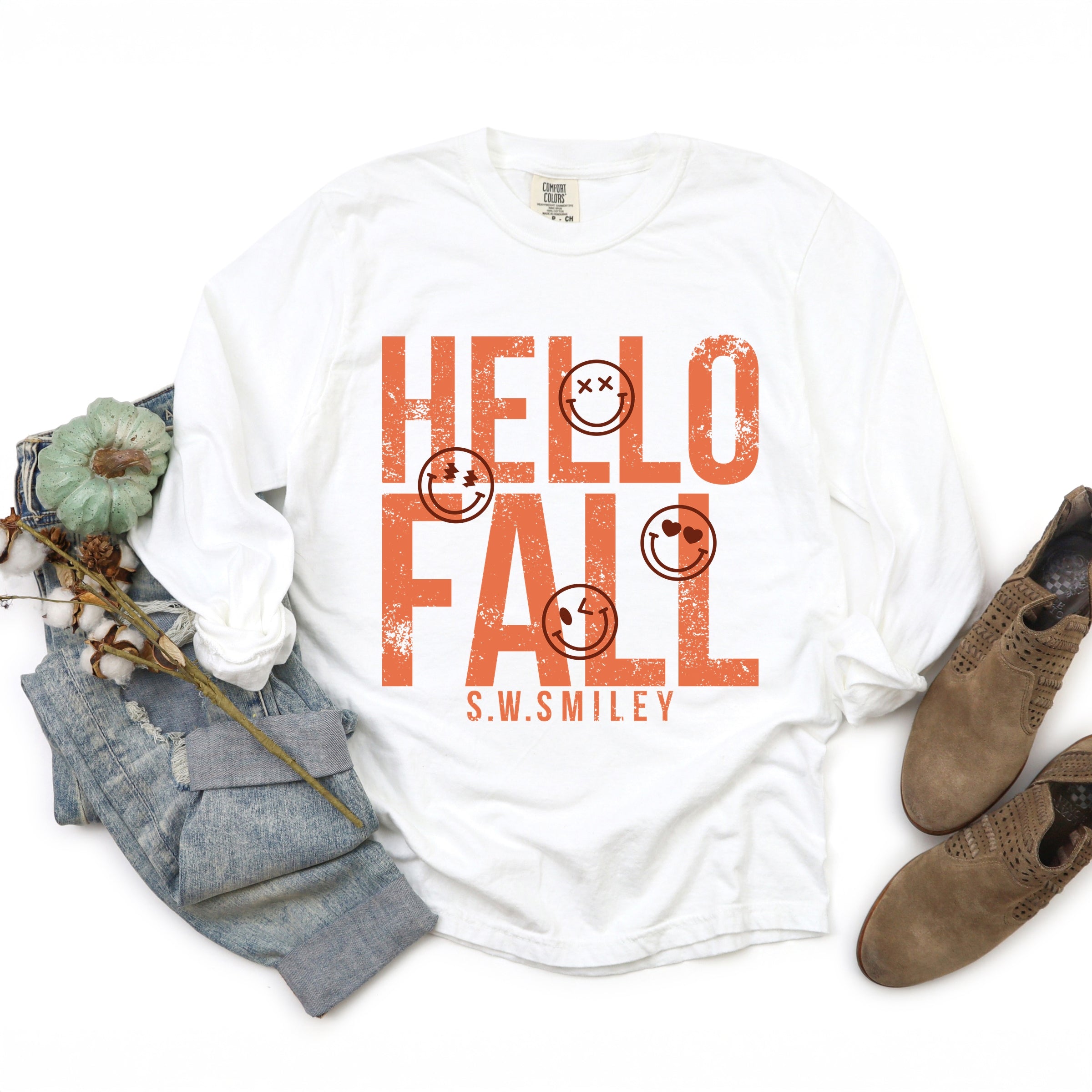 S.W.Smiley Hello Fall - Womens Garment Dyed Long Sleeve Graphic T-Shirt