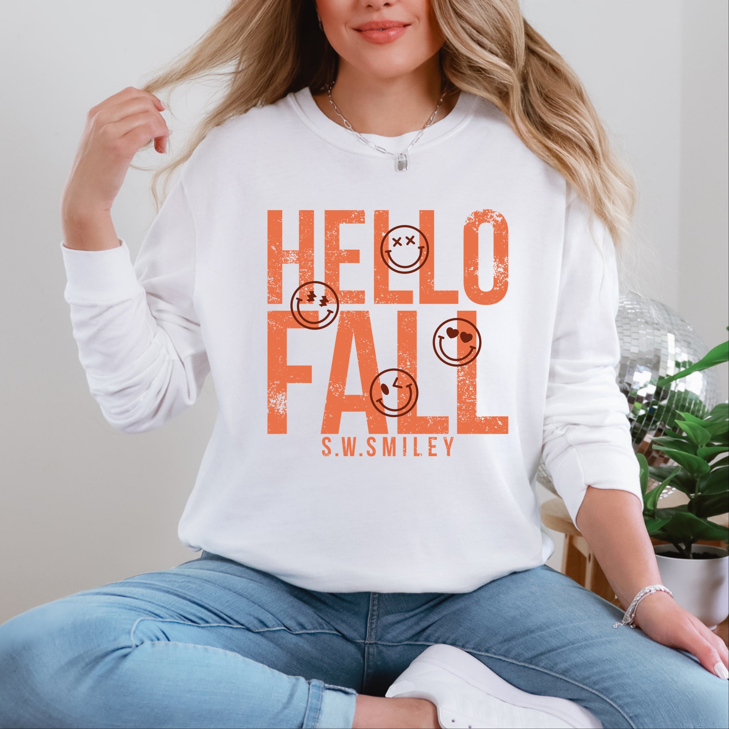 S.W.Smiley Hello Fall - Womens Garment Dyed Long Sleeve Graphic T-Shirt