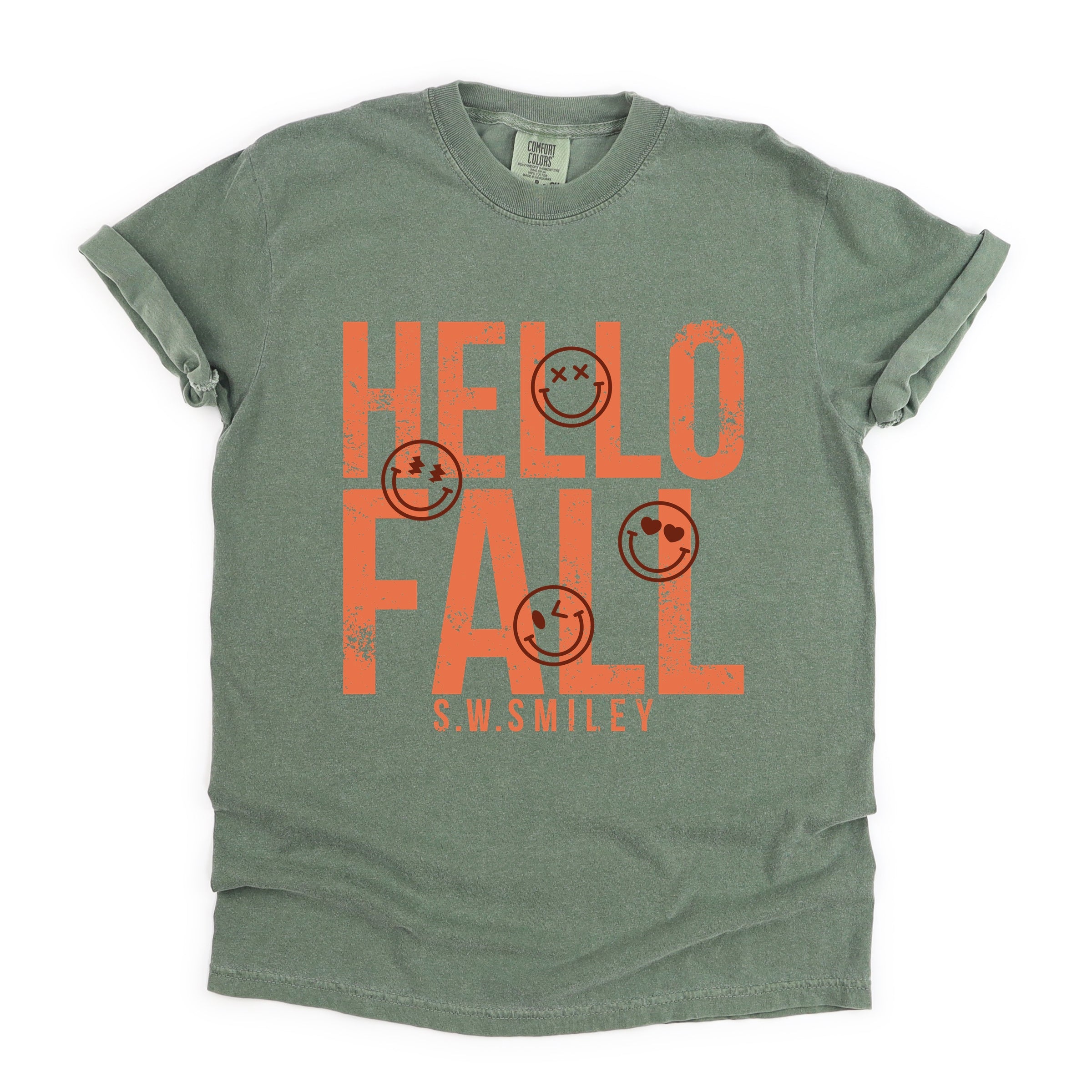 S.W.Smiley Hello Fall - Womens Garment Dyed Graphic T-Shirt