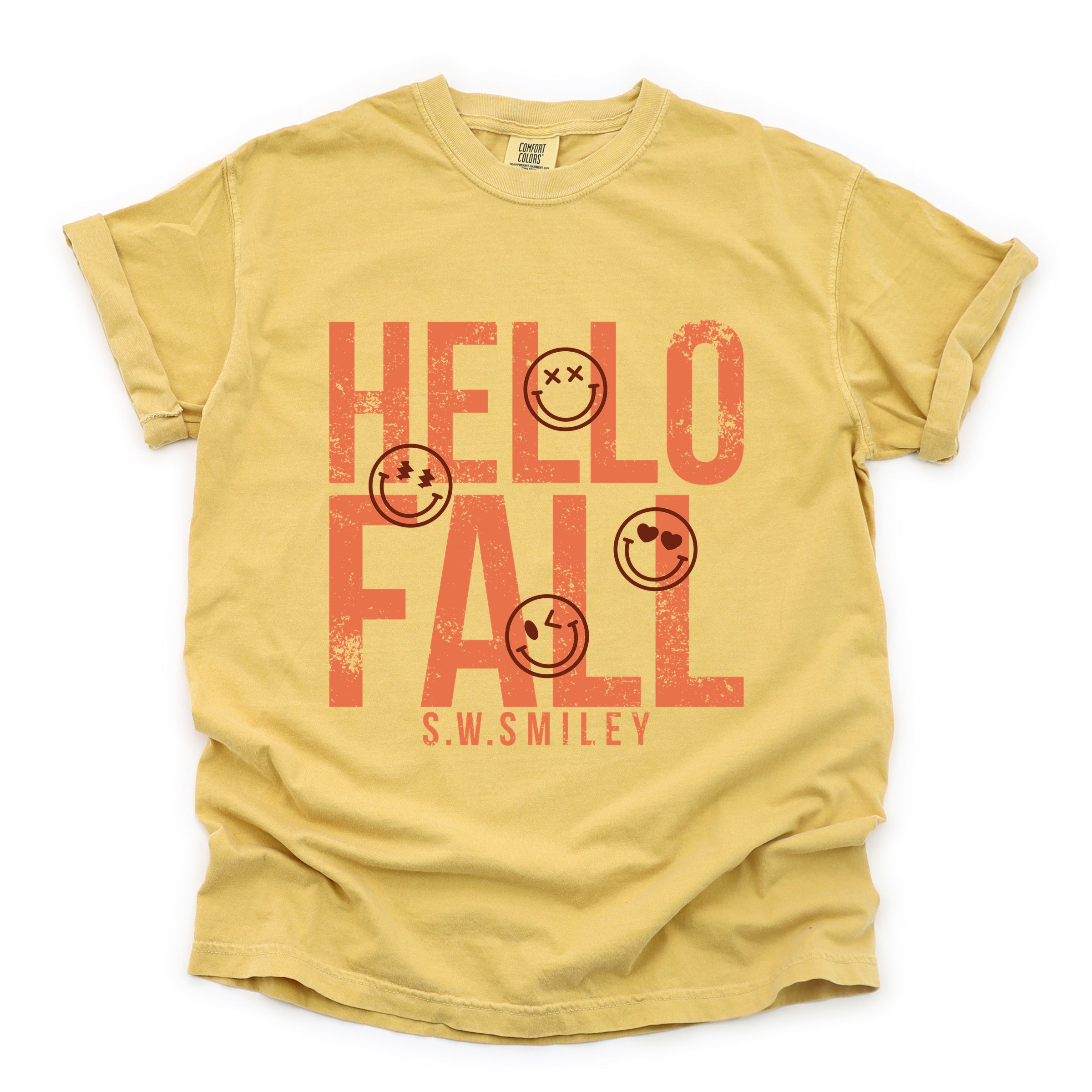 S.W.Smiley Hello Fall - Womens Garment Dyed Graphic T-Shirt