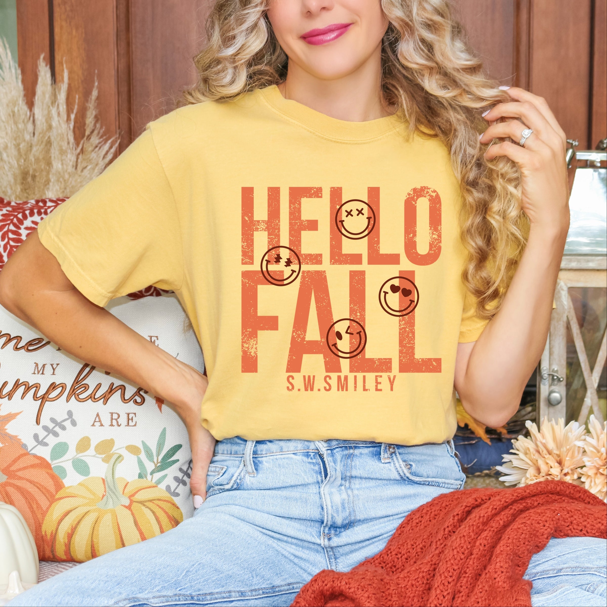 S.W.Smiley Hello Fall - Womens Garment Dyed Graphic T-Shirt