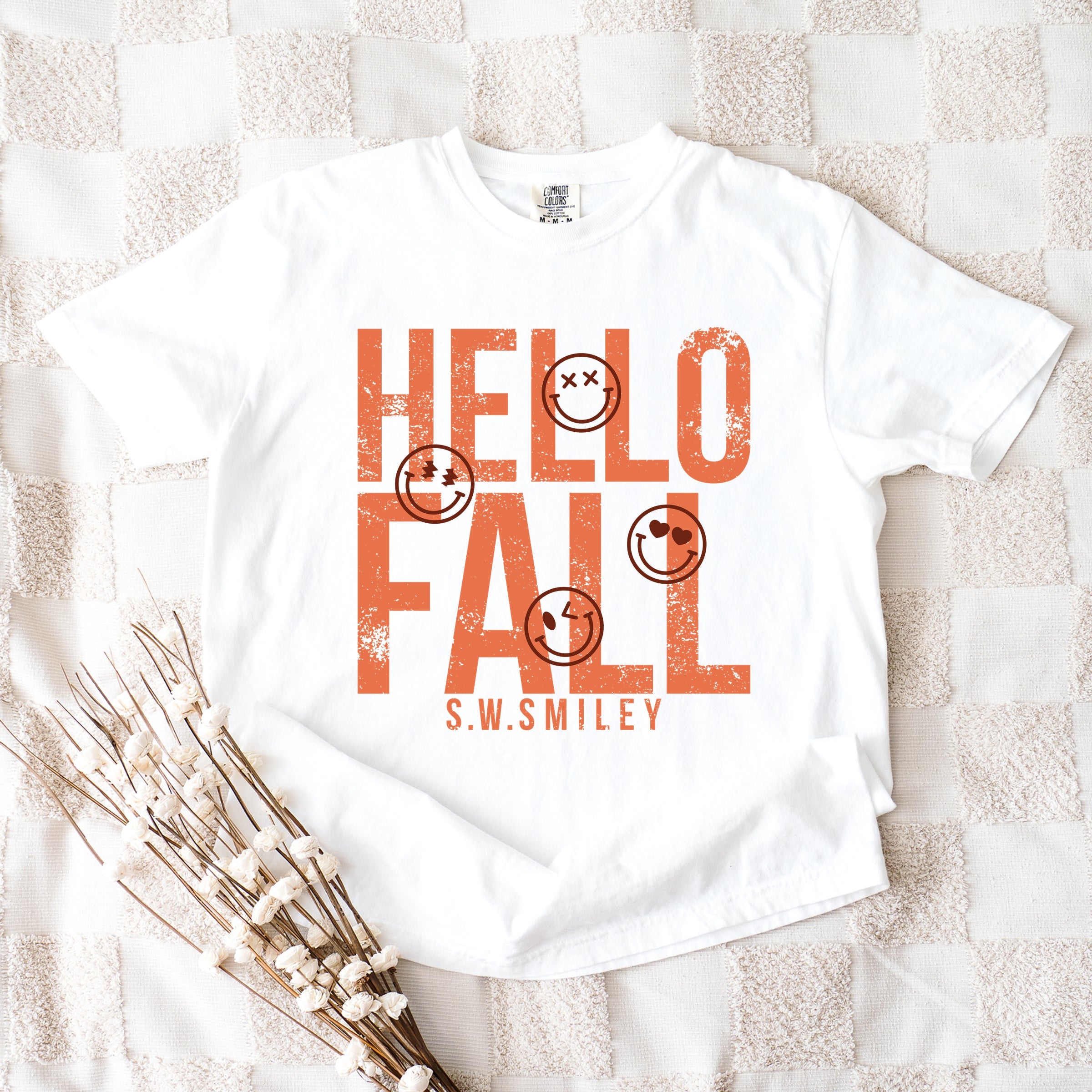 S.W.Smiley Hello Fall - Womens Garment Dyed Graphic T-Shirt