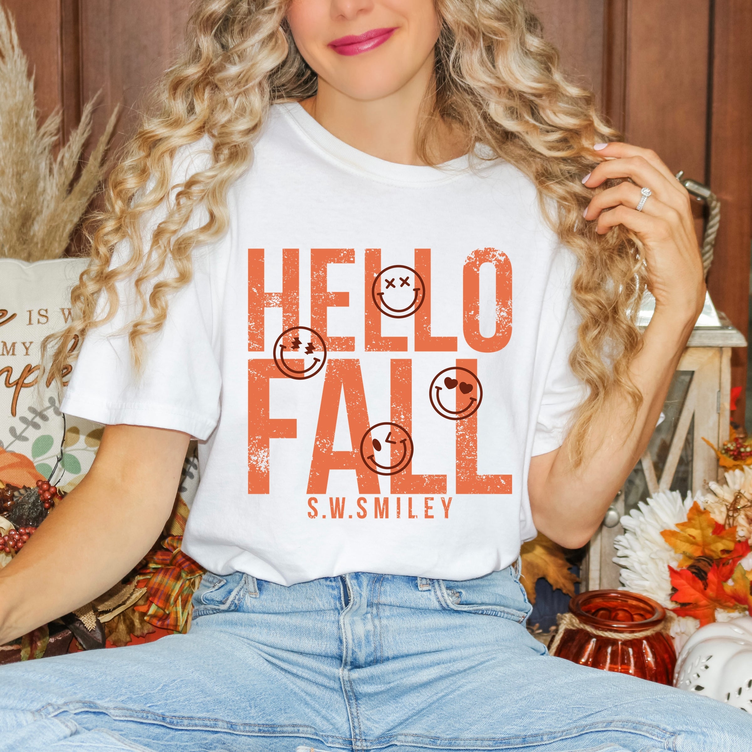 S.W.Smiley Hello Fall - Womens Garment Dyed Graphic T-Shirt