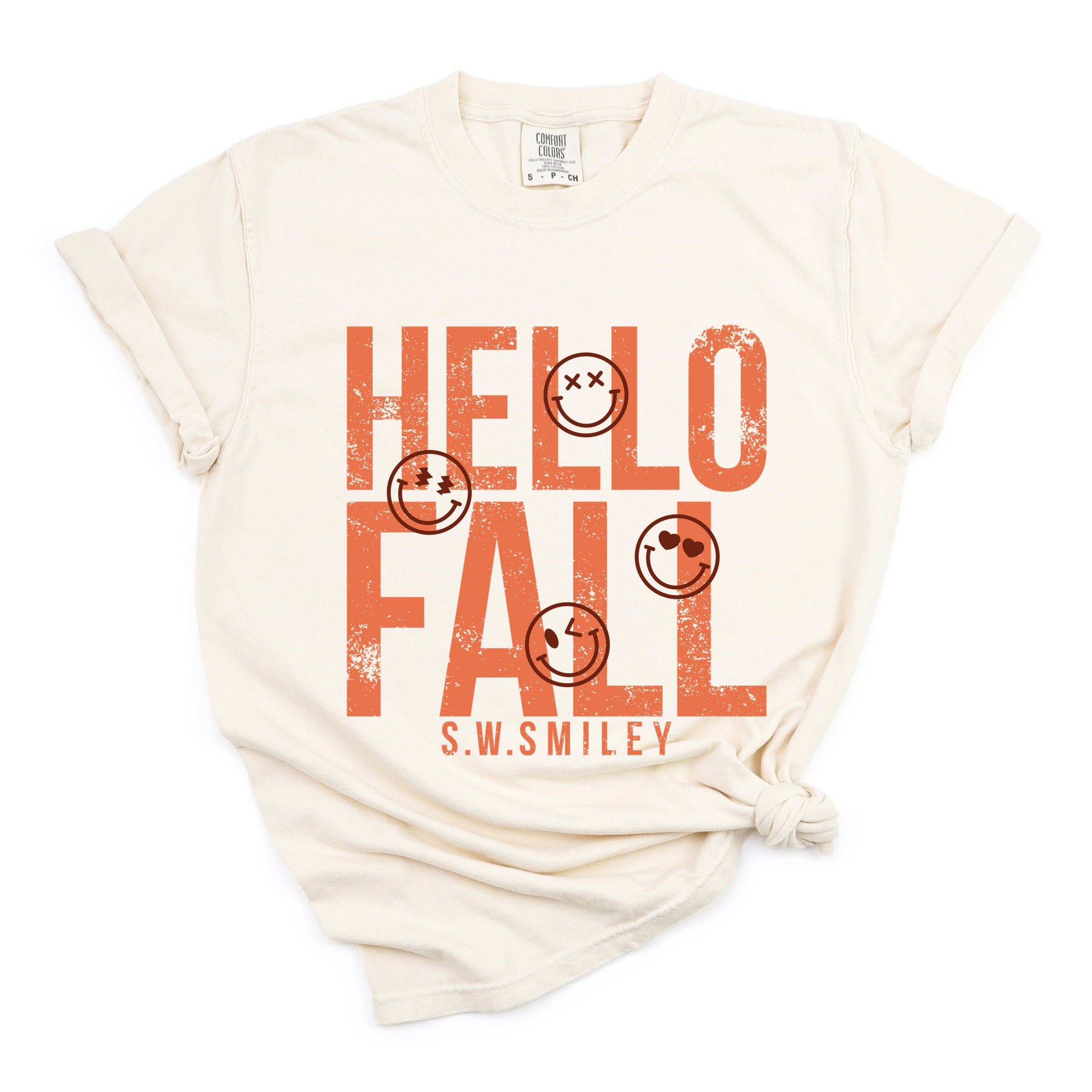 S.W.Smiley Hello Fall - Womens Garment Dyed Graphic T-Shirt