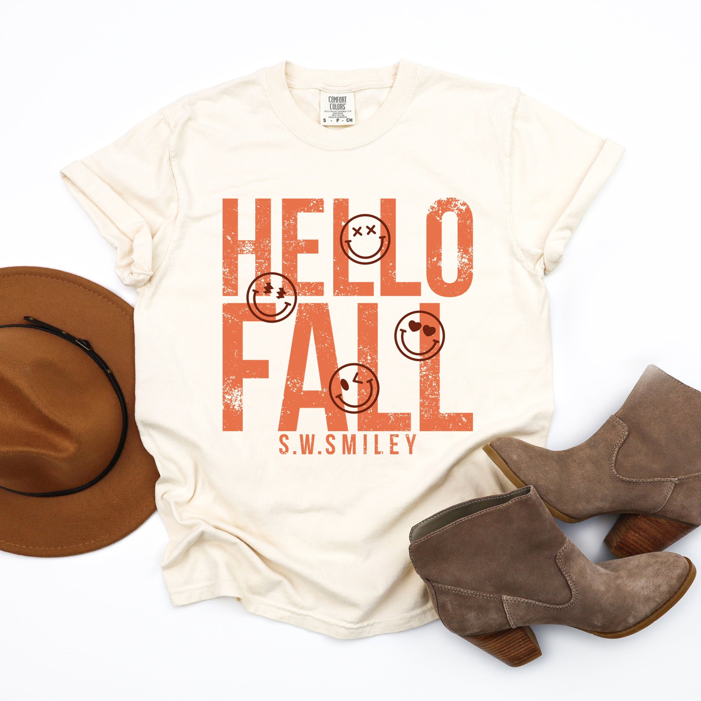 S.W.Smiley Hello Fall - Womens Garment Dyed Graphic T-Shirt