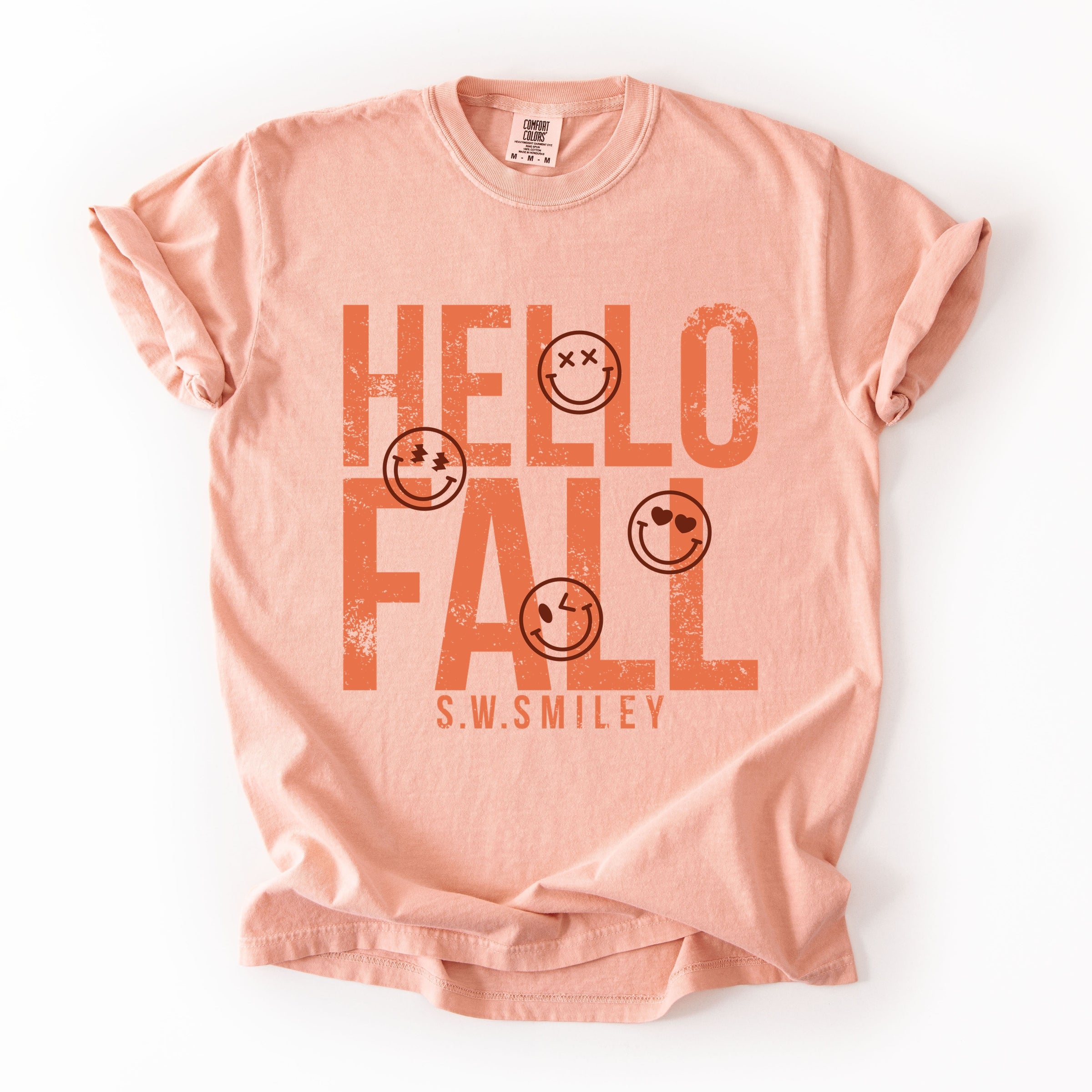 S.W.Smiley Hello Fall - Womens Garment Dyed Graphic T-Shirt