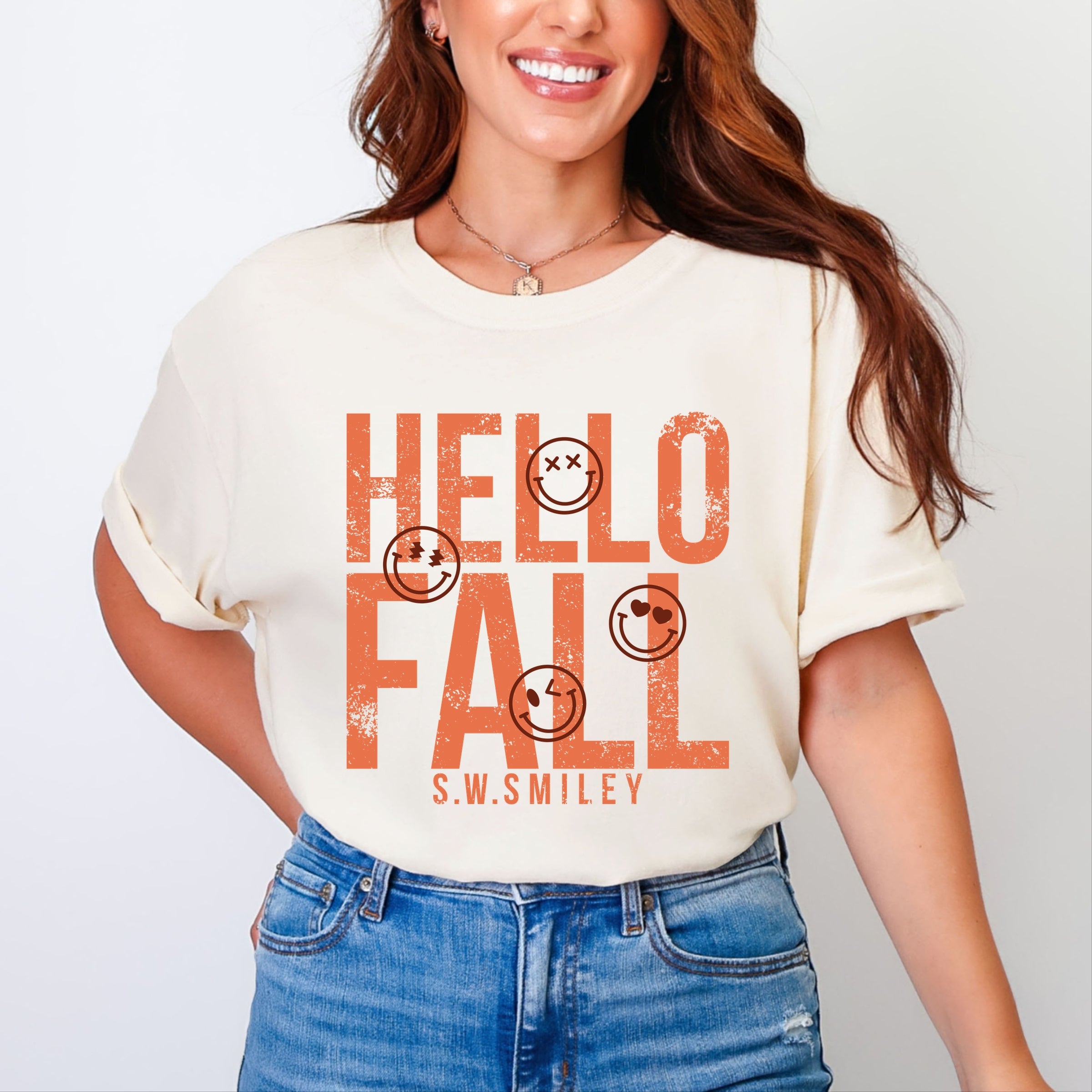 S.W.Smiley Hello Fall - Womens Garment Dyed Graphic T-Shirt