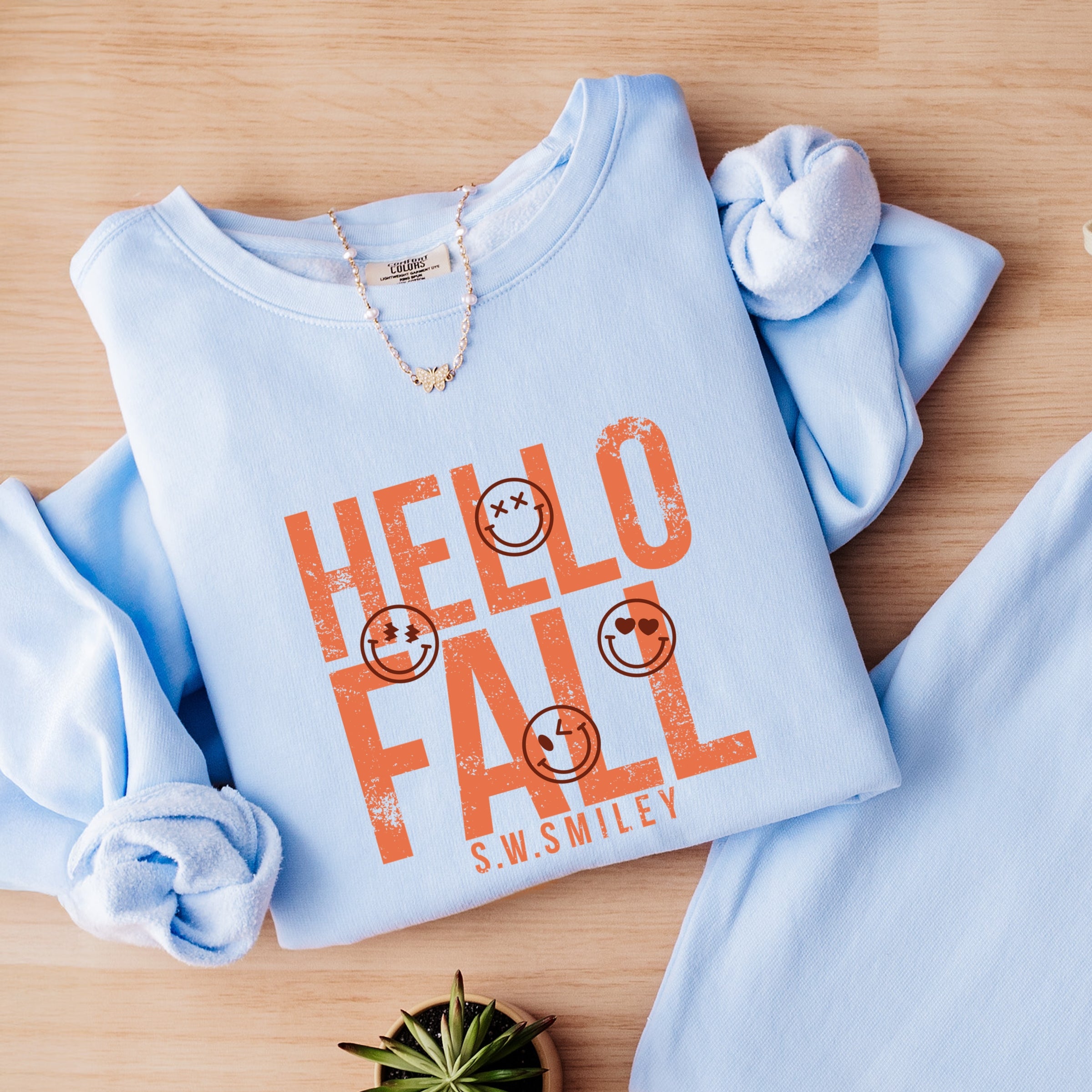 S.W.Smiley Hello Fall - Womens Lightweight Garment Dyed Sweatshirt