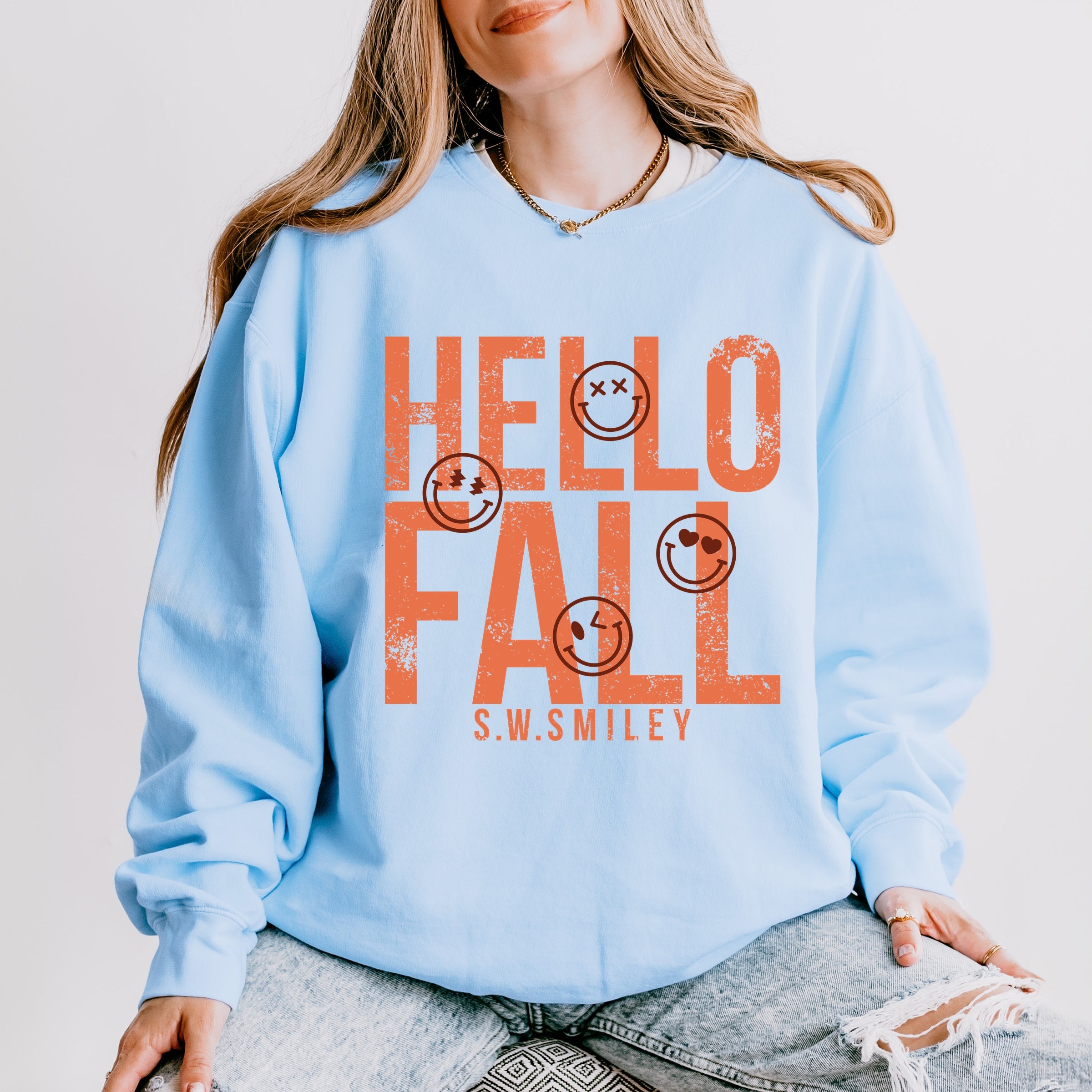 S.W.Smiley Hello Fall - Womens Lightweight Garment Dyed Sweatshirt