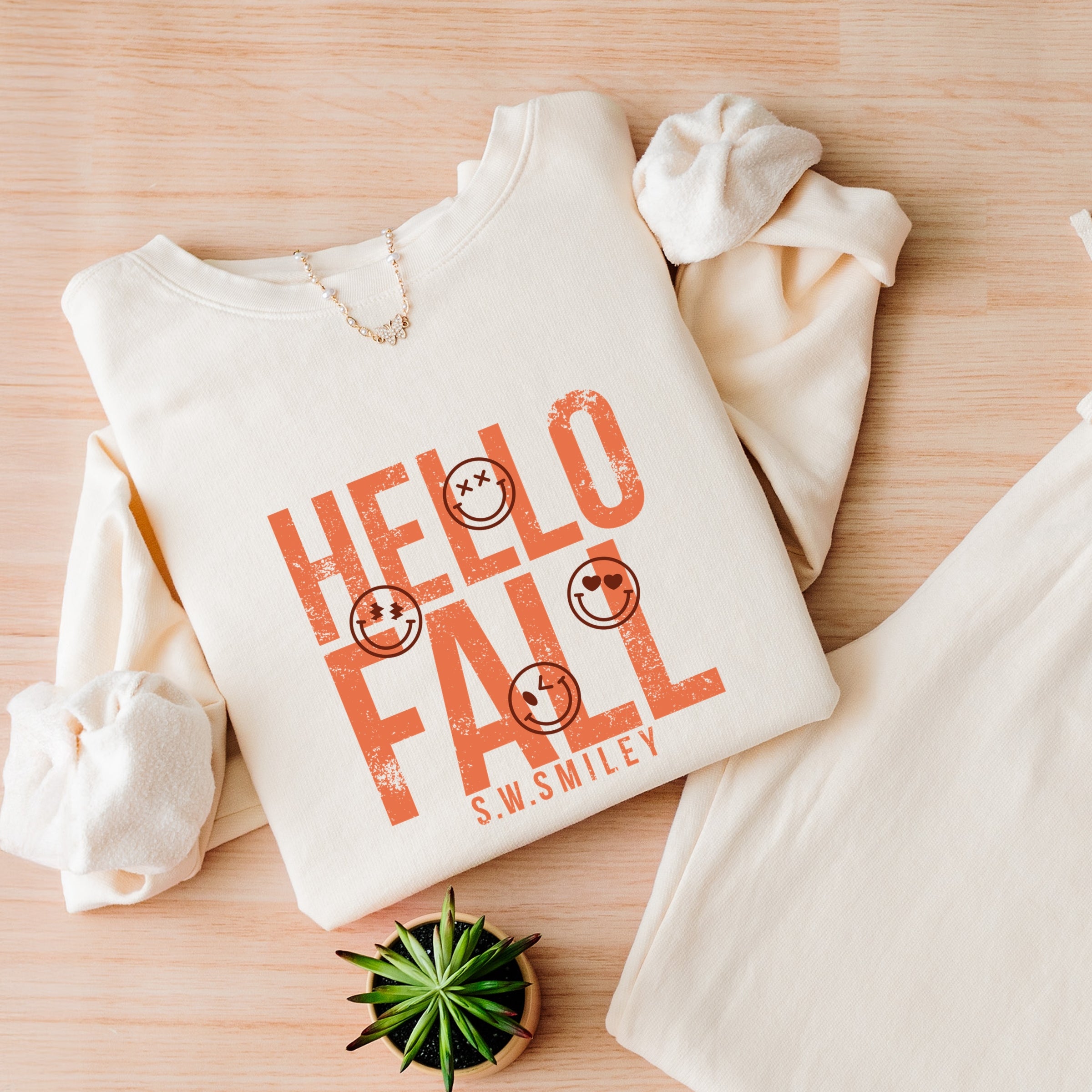 S.W.Smiley Hello Fall - Womens Lightweight Garment Dyed Sweatshirt