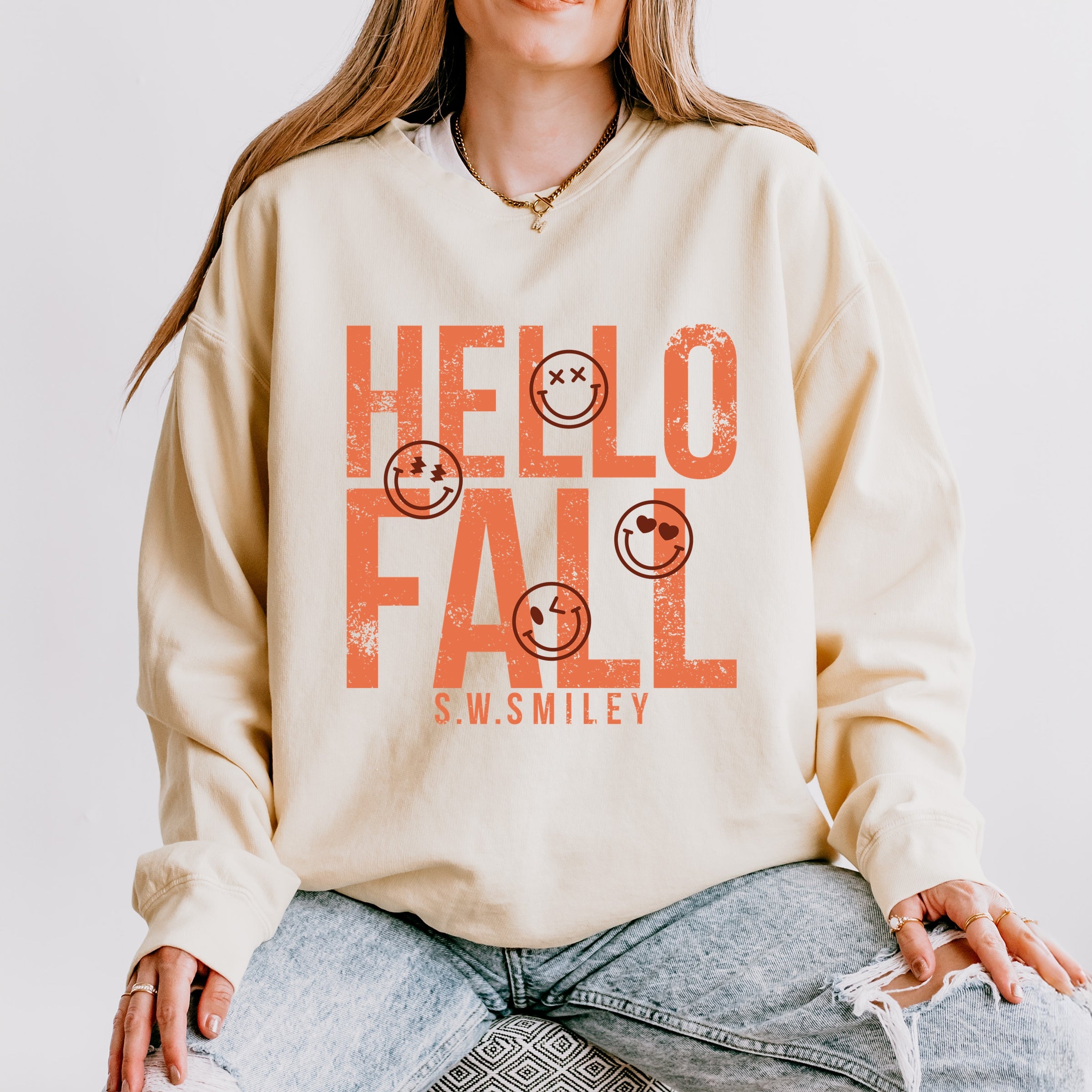 S.W.Smiley Hello Fall - Womens Lightweight Garment Dyed Sweatshirt