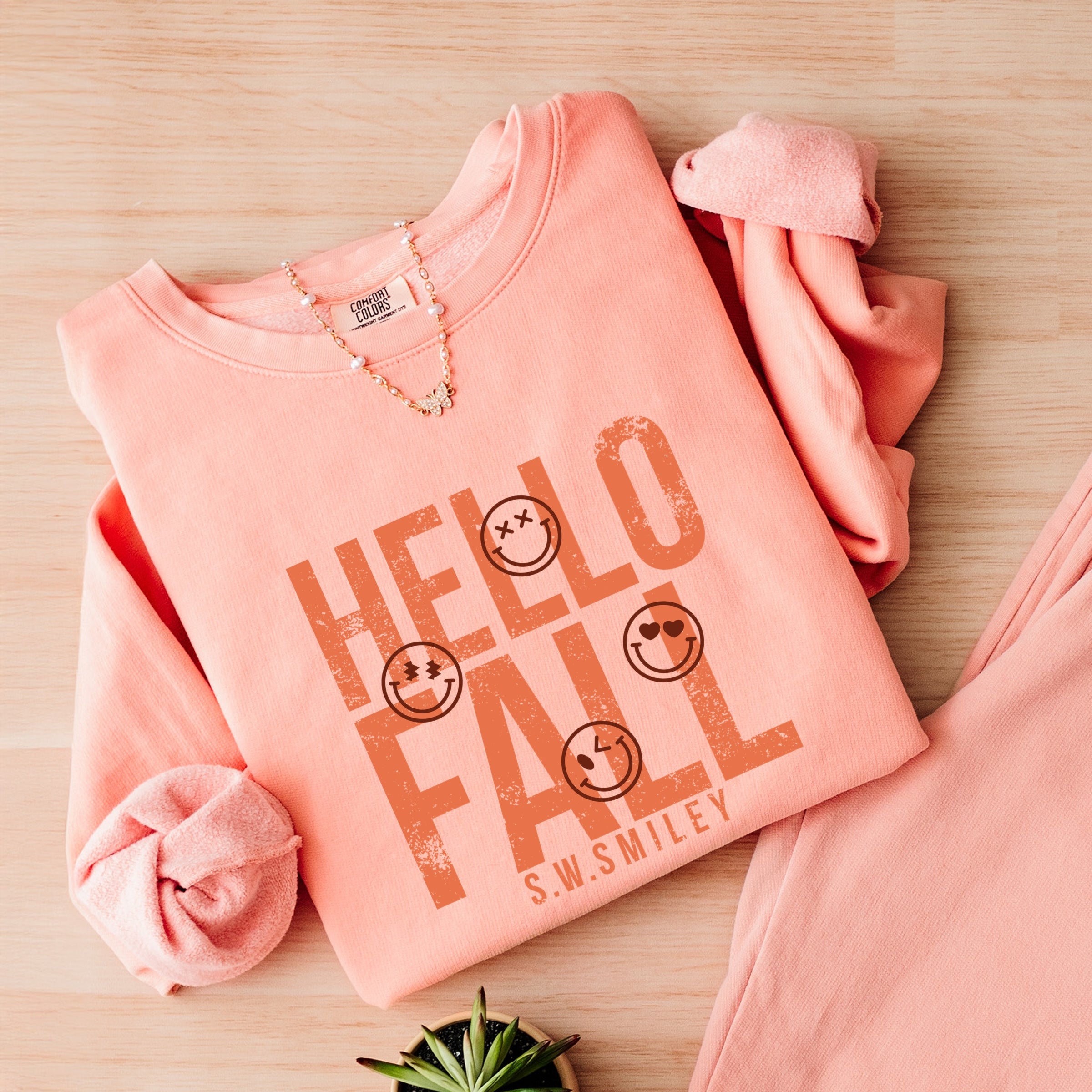 S.W.Smiley Hello Fall - Womens Lightweight Garment Dyed Sweatshirt