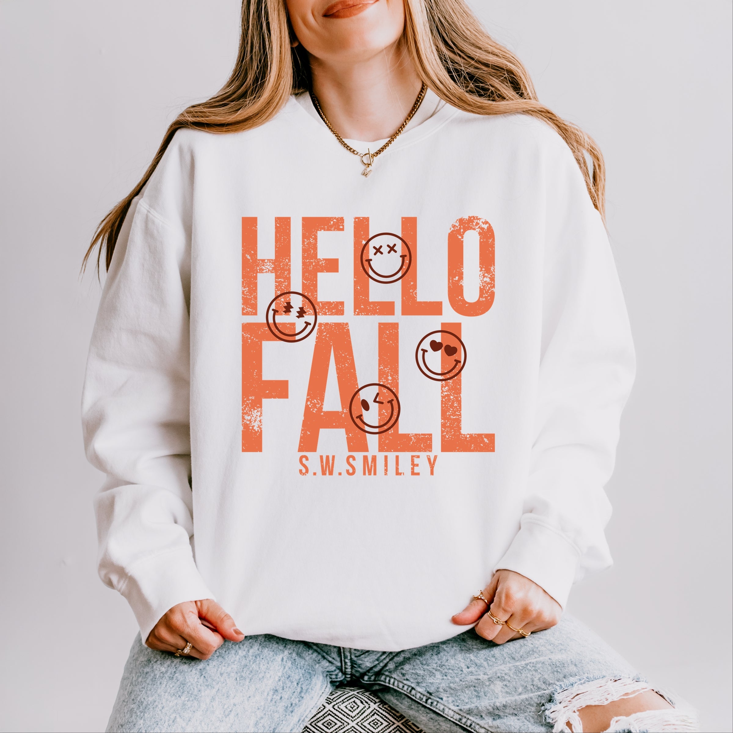 S.W.Smiley Hello Fall - Womens Lightweight Garment Dyed Sweatshirt