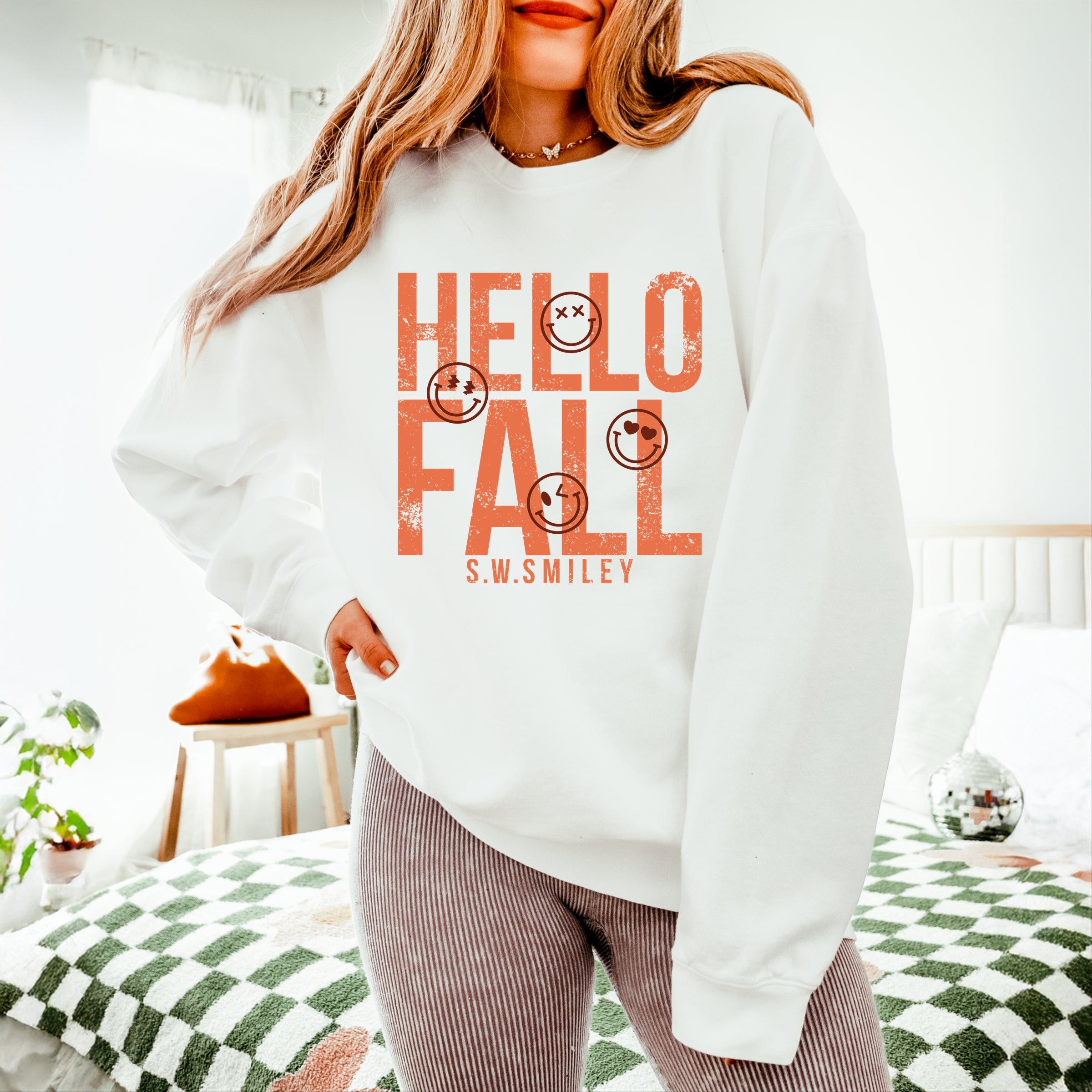 S.W.Smiley Hello Fall - Womens Lightweight Garment Dyed Sweatshirt