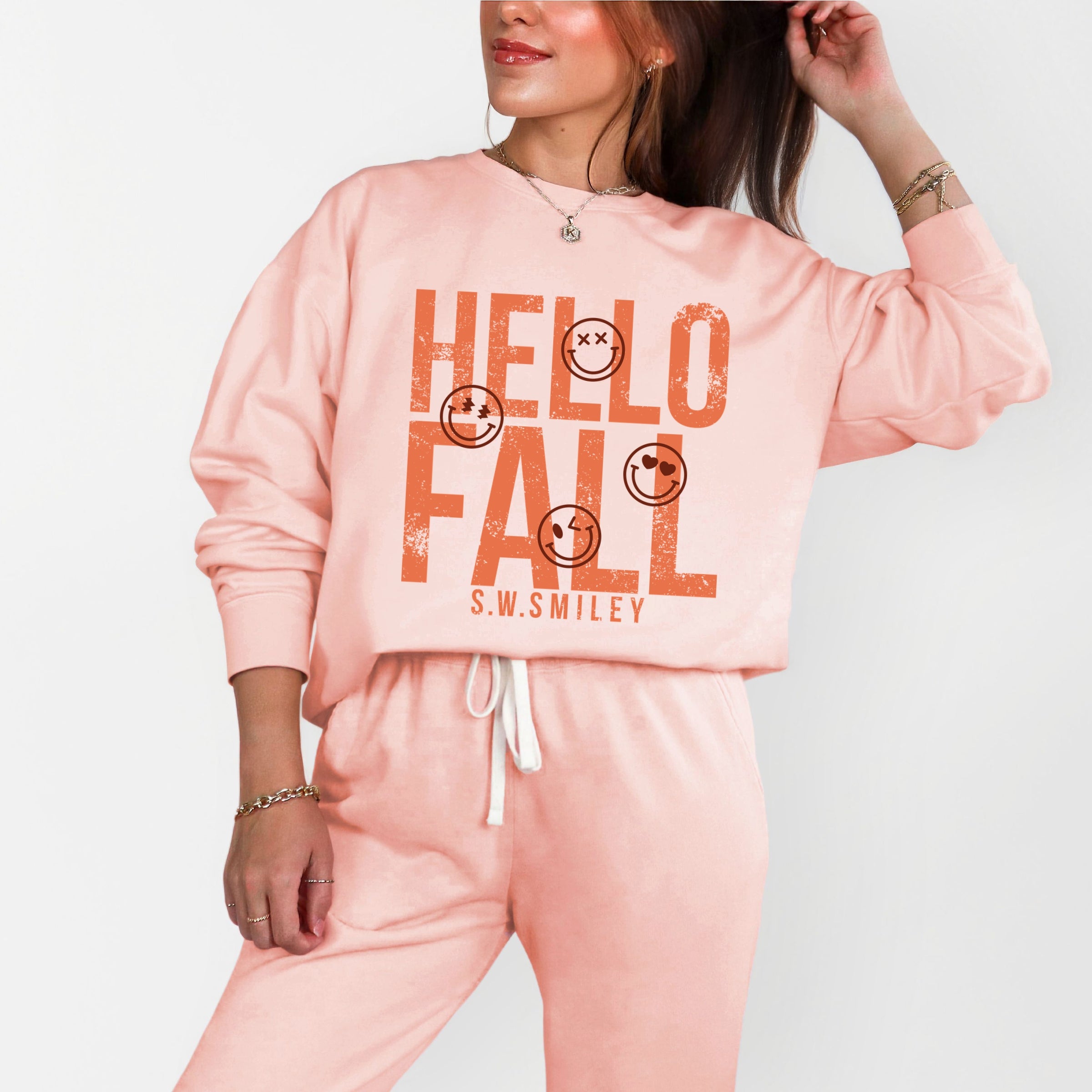 S.W.Smiley Hello Fall - Womens Lightweight Garment Dyed Sweatshirt