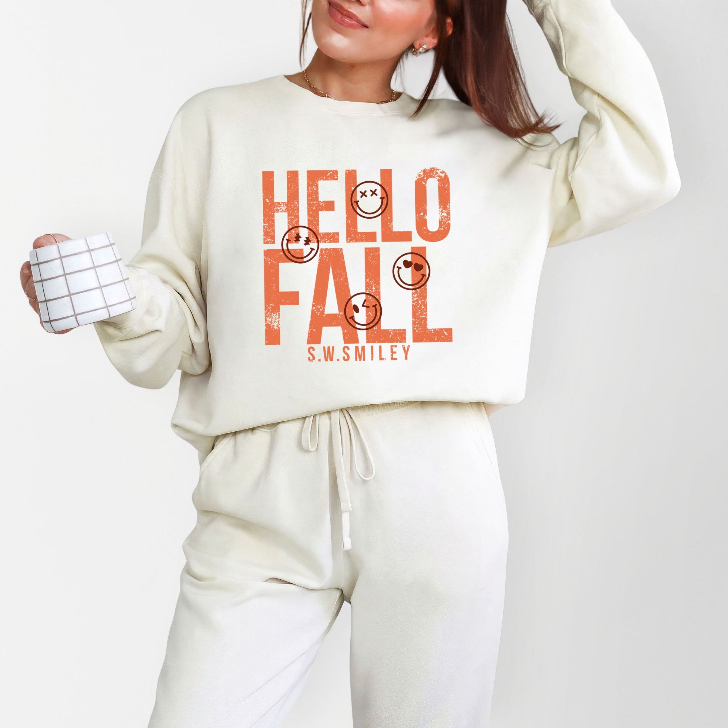 S.W.Smiley Hello Fall - Womens Lightweight Garment Dyed Sweatshirt