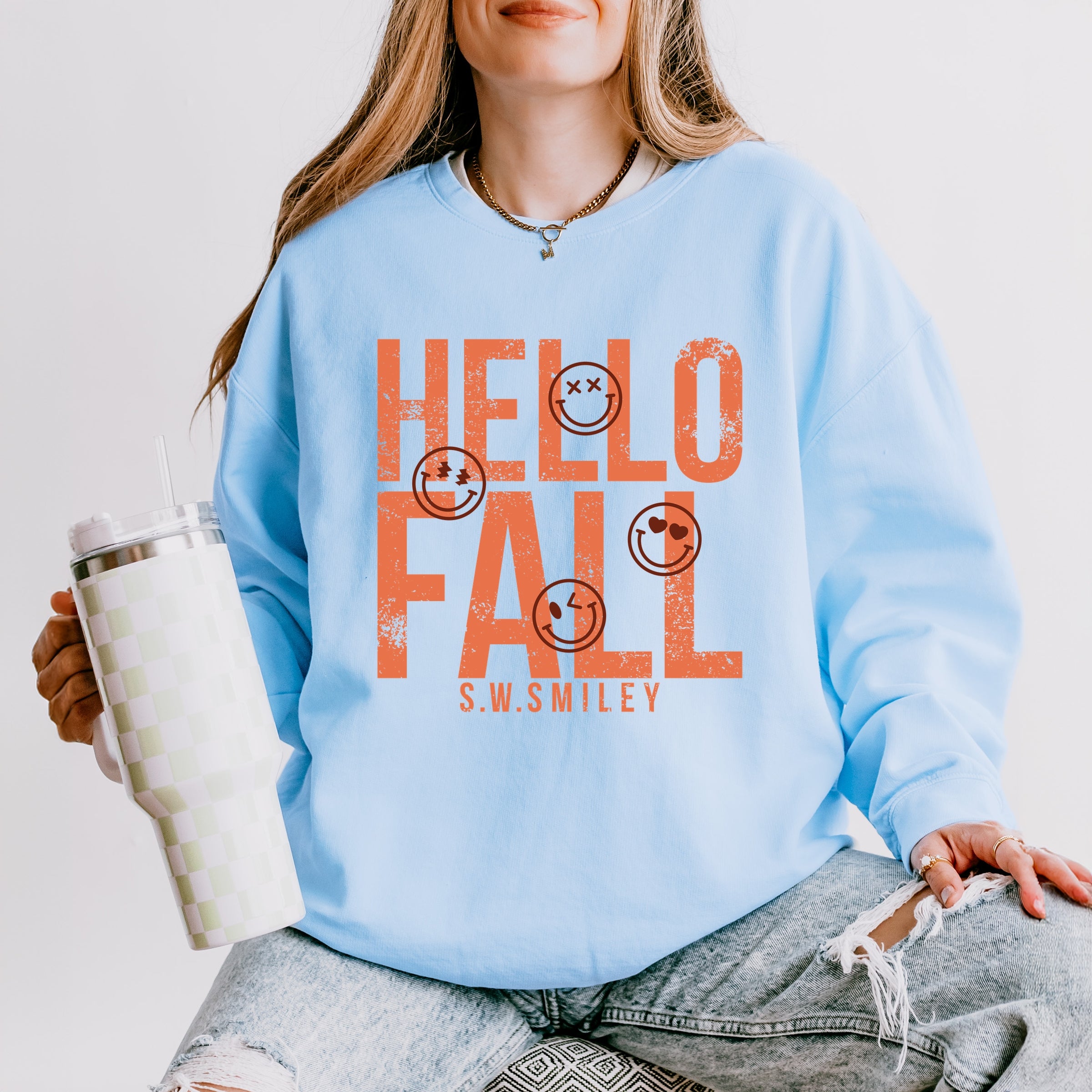 S.W.Smiley Hello Fall - Womens Lightweight Garment Dyed Sweatshirt