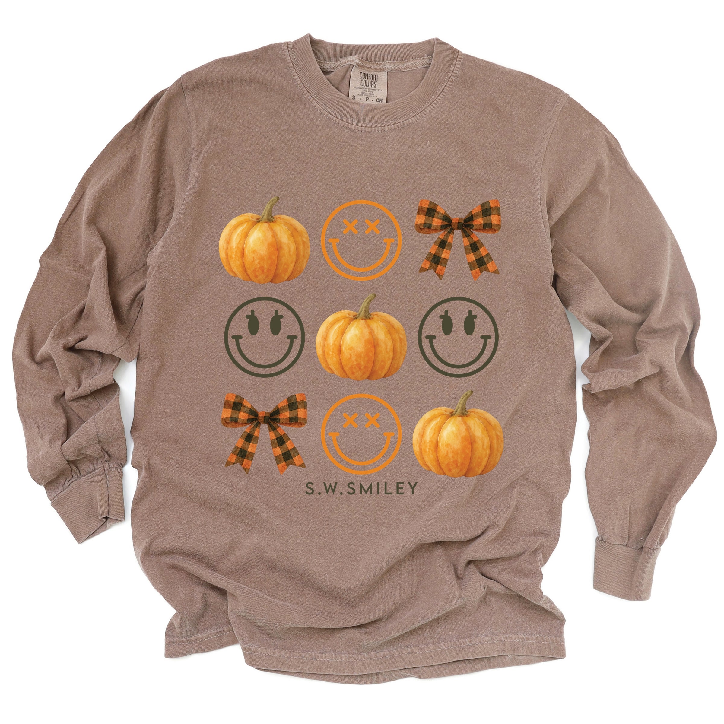 S.W.Smiley Pumpkin Coquette Chart - Women's Garment Dyed Long Sleeve Graphic T-Shirt