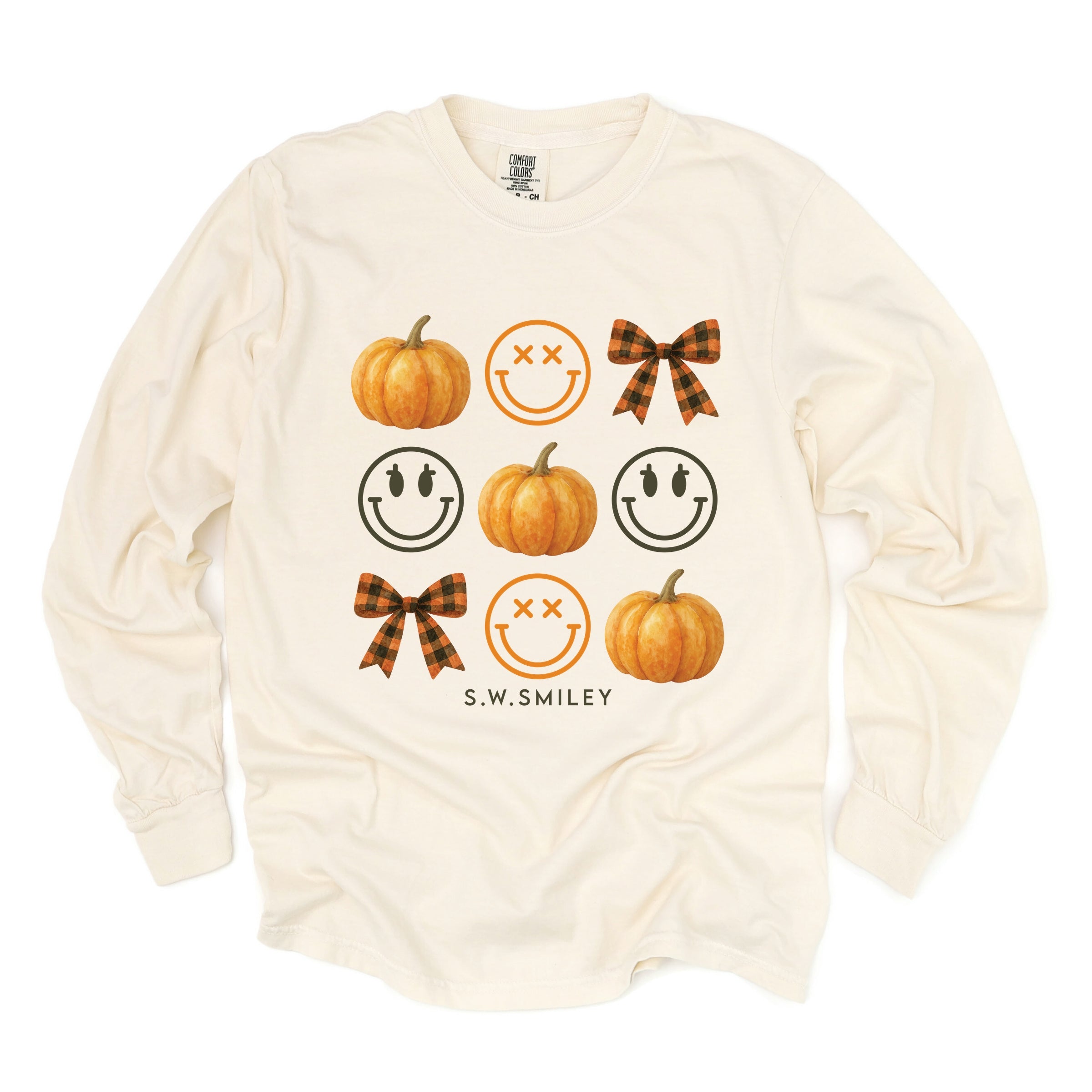 S.W.Smiley Pumpkin Coquette Chart - Women's Garment Dyed Long Sleeve Graphic T-Shirt