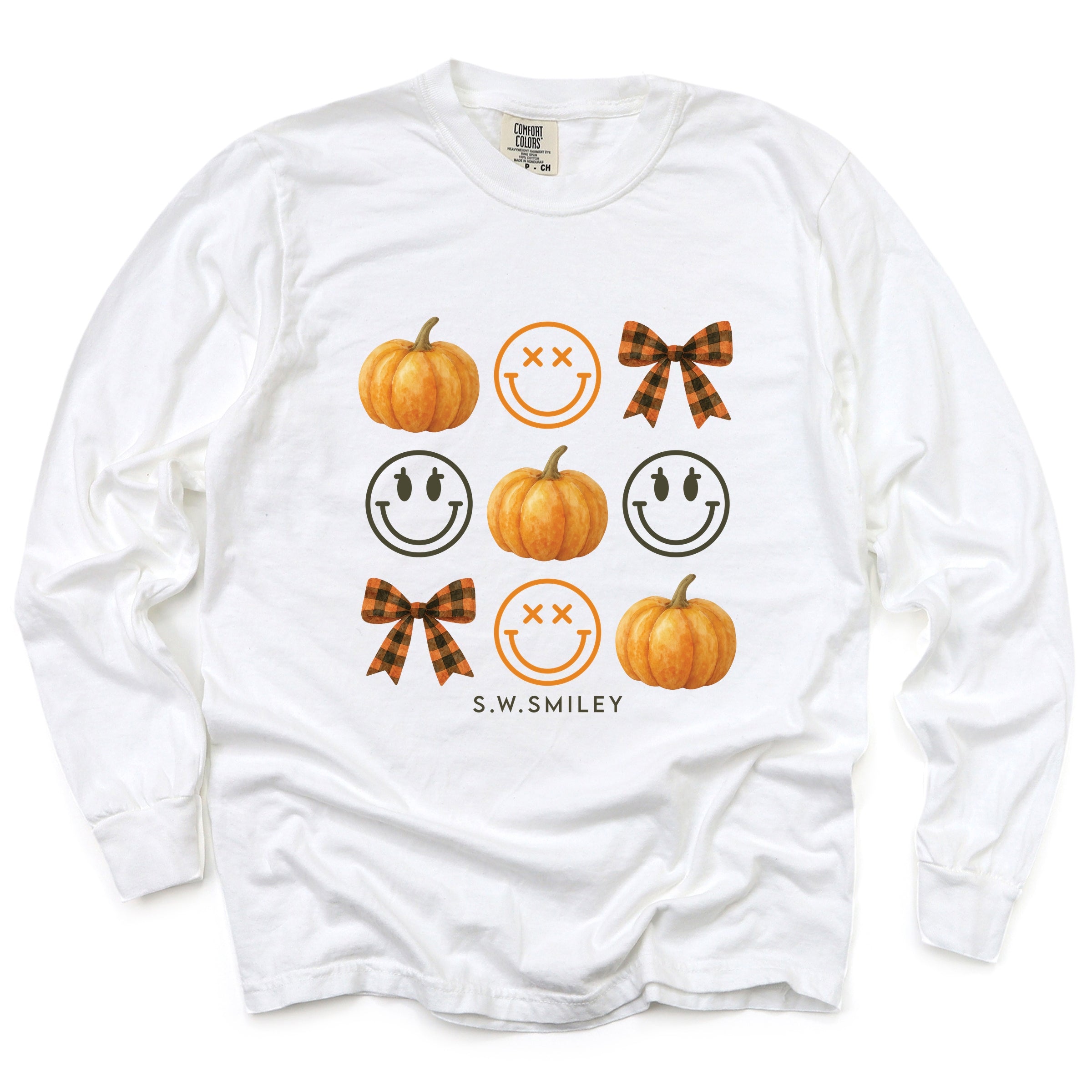 S.W.Smiley Pumpkin Coquette Chart - Women's Garment Dyed Long Sleeve Graphic T-Shirt