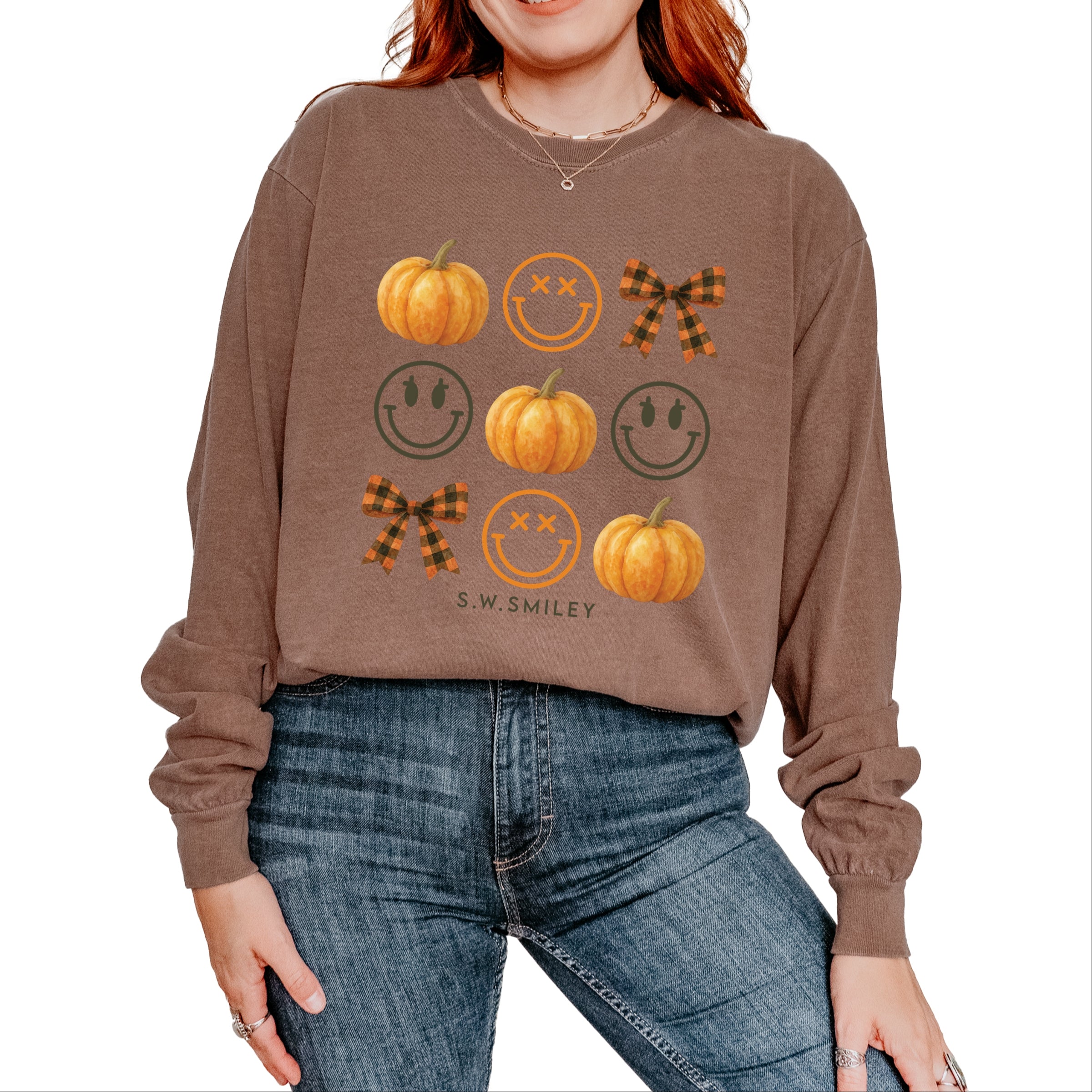 S.W.Smiley Pumpkin Coquette Chart - Women's Garment Dyed Long Sleeve Graphic T-Shirt