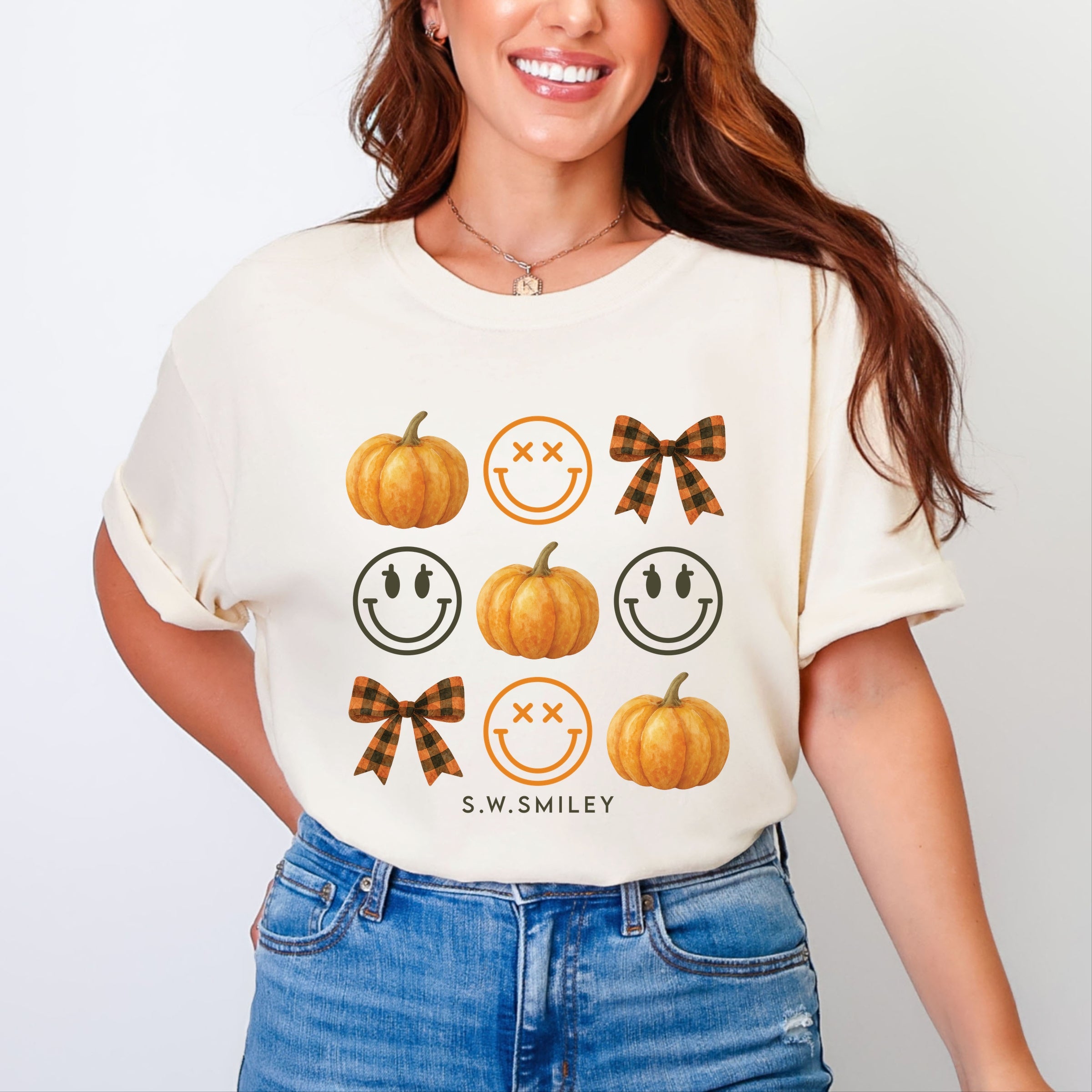 S.W.Smiley Pumpkin Coquette Chart - Women's Garment Dyed Graphic T-Shirt