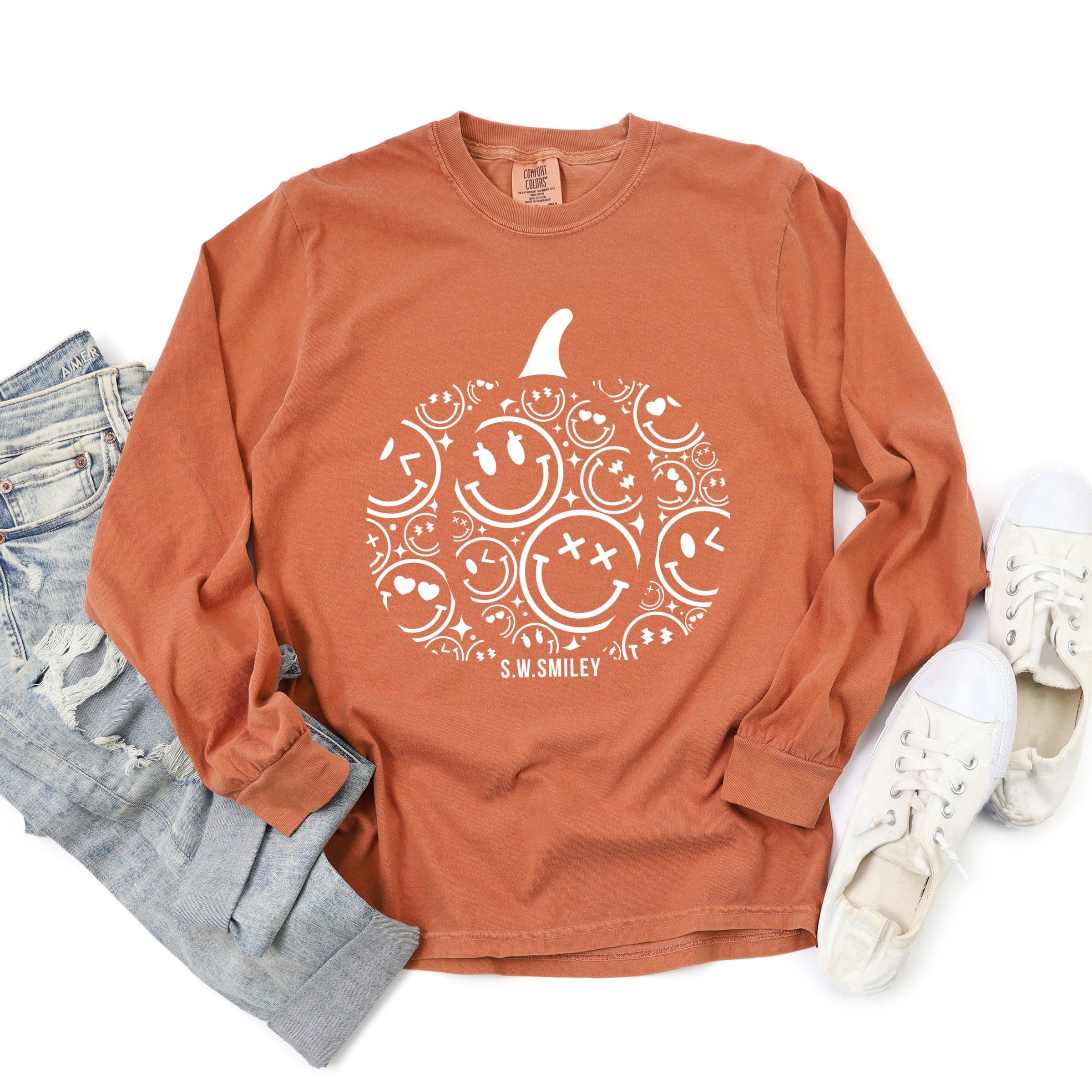 S.W.Smiley Pumpkin Outline - Garment Dyed Long Sleeve