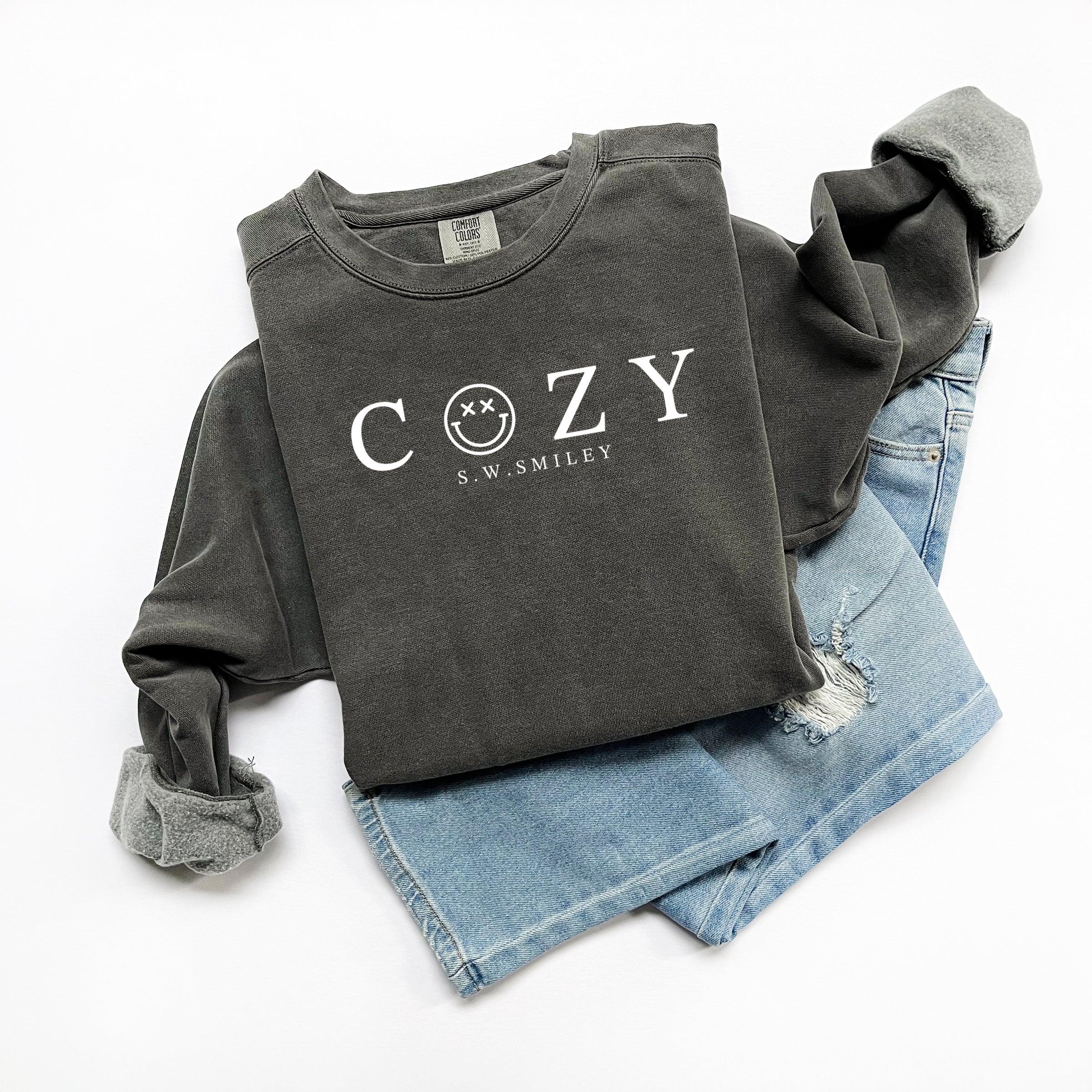 S.W.Smiley Cozy Outline - Women's Garment Dyed Graphic Sweatshirt