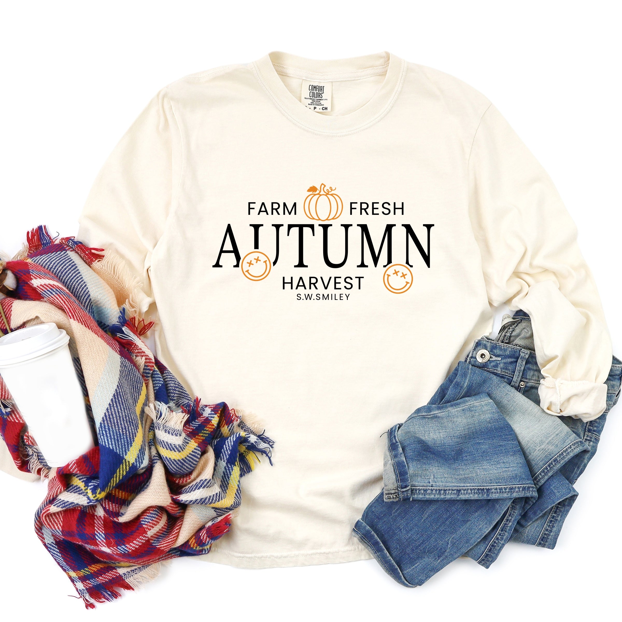 S.W.Smiley Farm Fresh Autumn Harvest - Women's Garment Dyed Long Sleeve Graphic T-Shirt