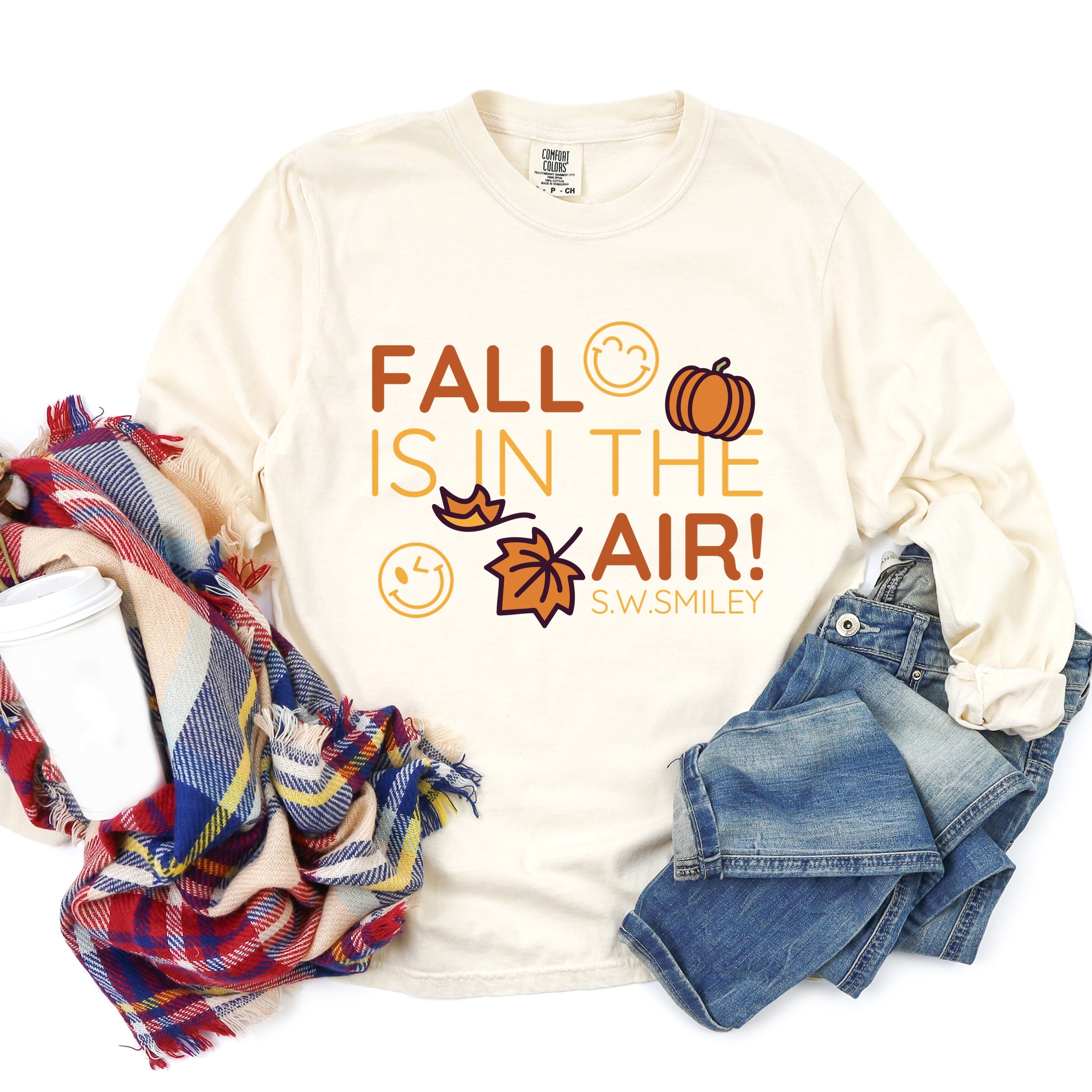 S.W.Smiley Fall Is In The Air - Women's Garment Dyed Long Sleeve Graphic T-Shirt