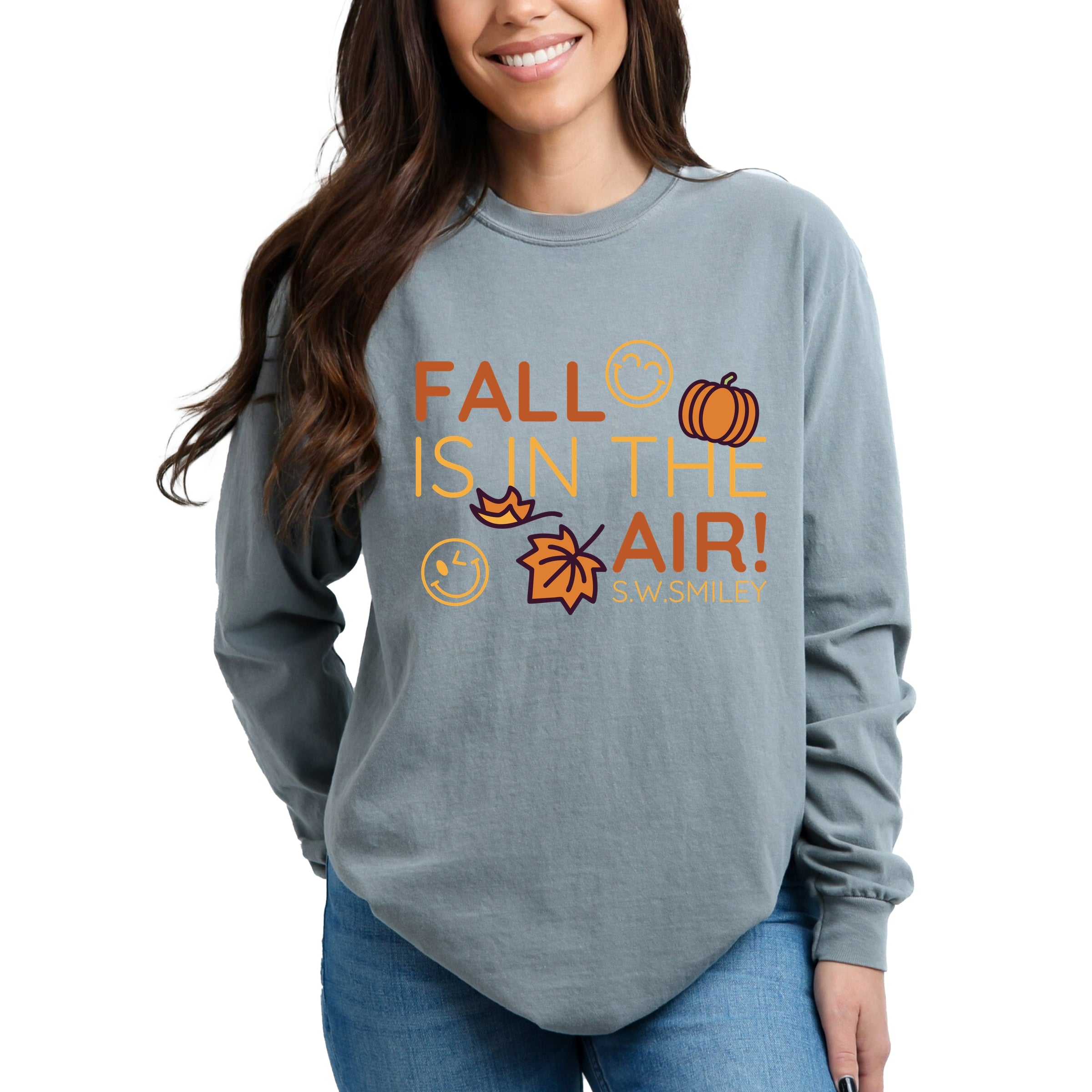S.W.Smiley Fall Is In The Air - Women's Garment Dyed Long Sleeve Graphic T-Shirt