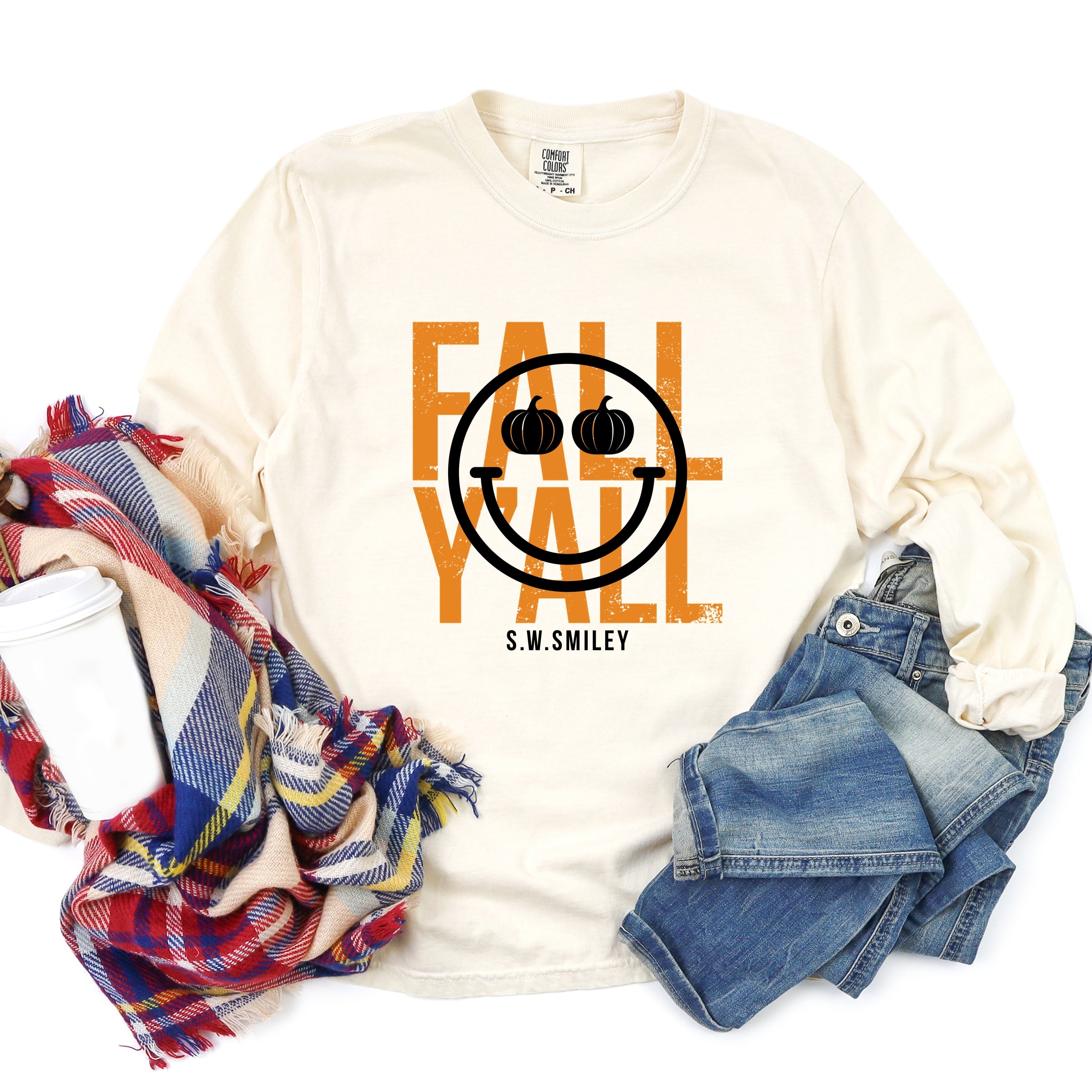 S.W.Smiley Fall Y'all - Women's Garment Dyed Long Sleeve Graphic T-Shirt