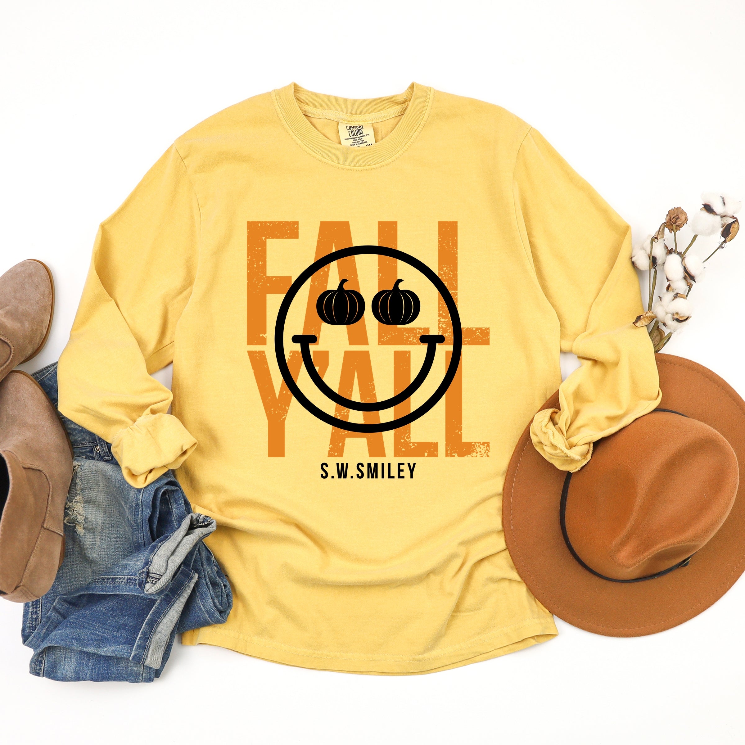 S.W.Smiley Fall Y'all - Women's Garment Dyed Long Sleeve Graphic T-Shirt