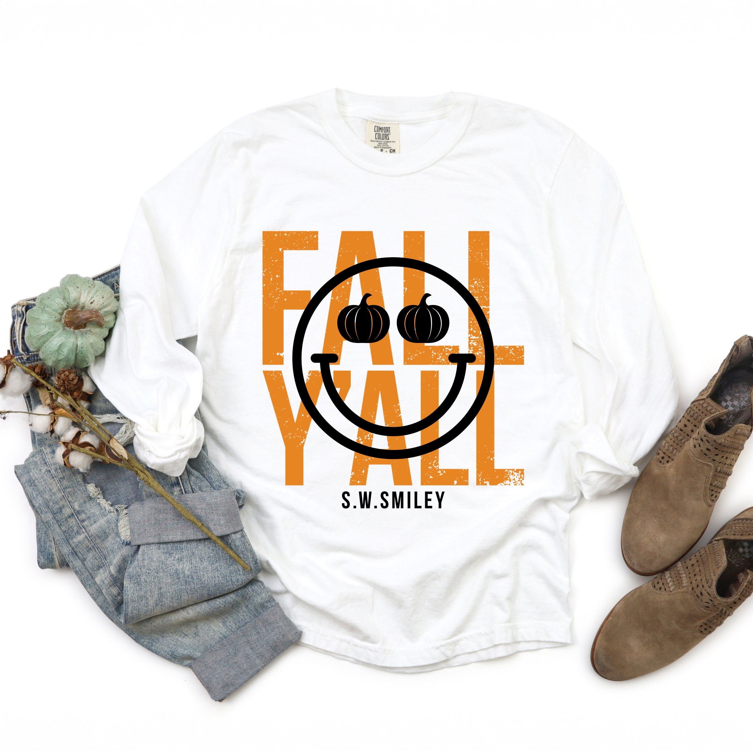 S.W.Smiley Fall Y'all - Women's Garment Dyed Long Sleeve Graphic T-Shirt