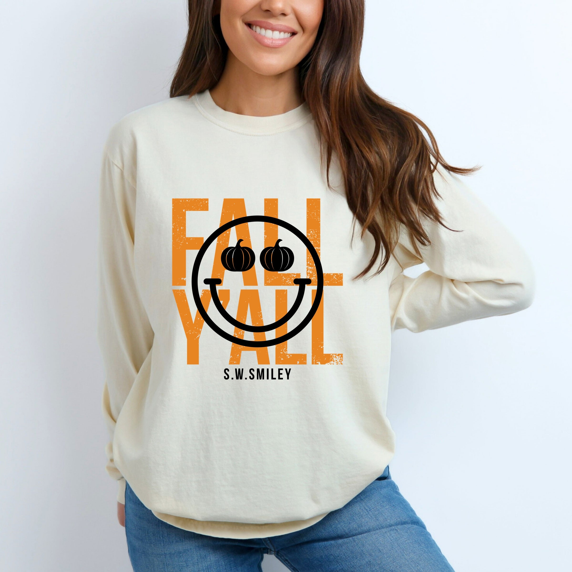 S.W.Smiley Fall Y'all - Women's Garment Dyed Long Sleeve Graphic T-Shirt