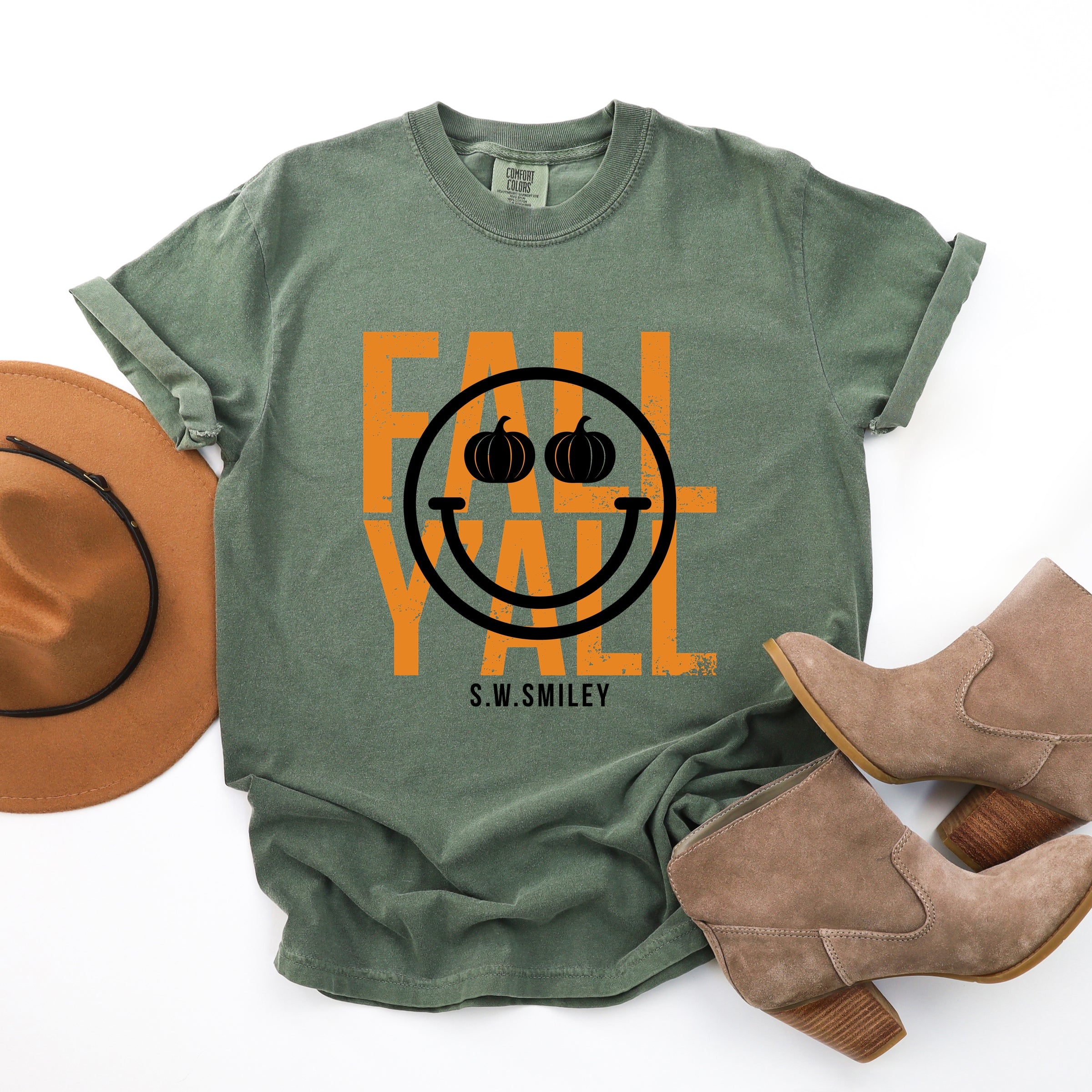 S.W.Smiley Fall Y'all - Women's Garment Dyed Graphic T-Shirt