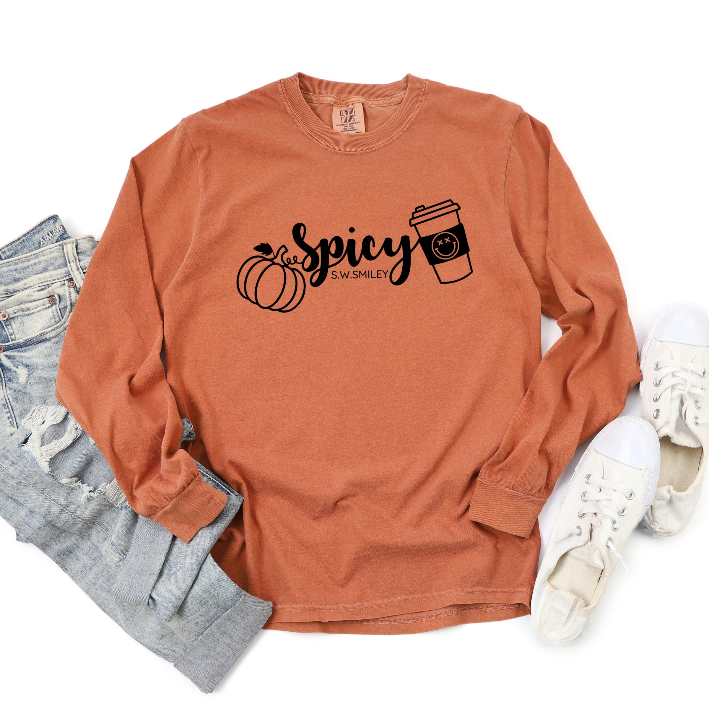 S.W.Smiley Spicy Pumpkin Spice - Women's Garment Dyed Long Sleeve Graphic T-Shirt