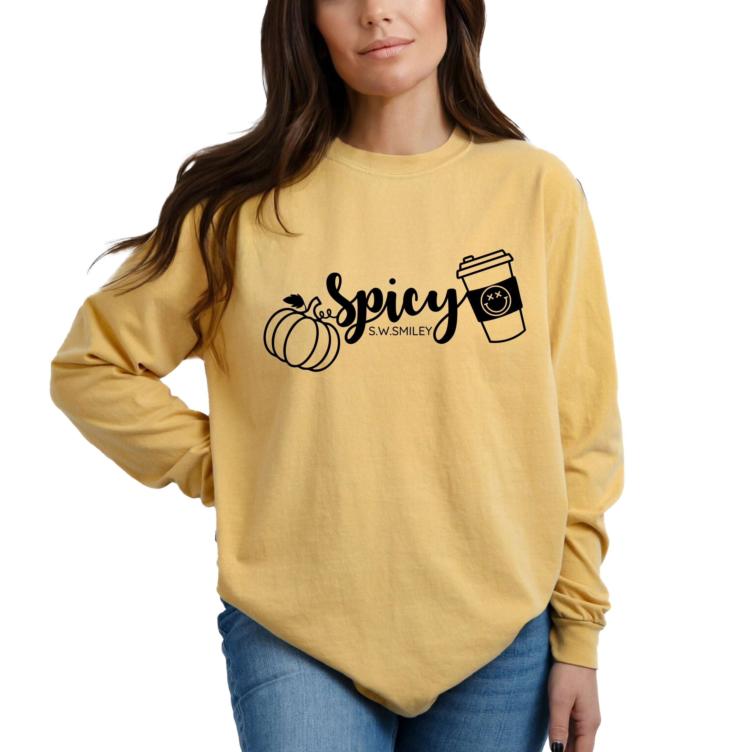 S.W.Smiley Spicy Pumpkin Spice - Women's Garment Dyed Long Sleeve Graphic T-Shirt