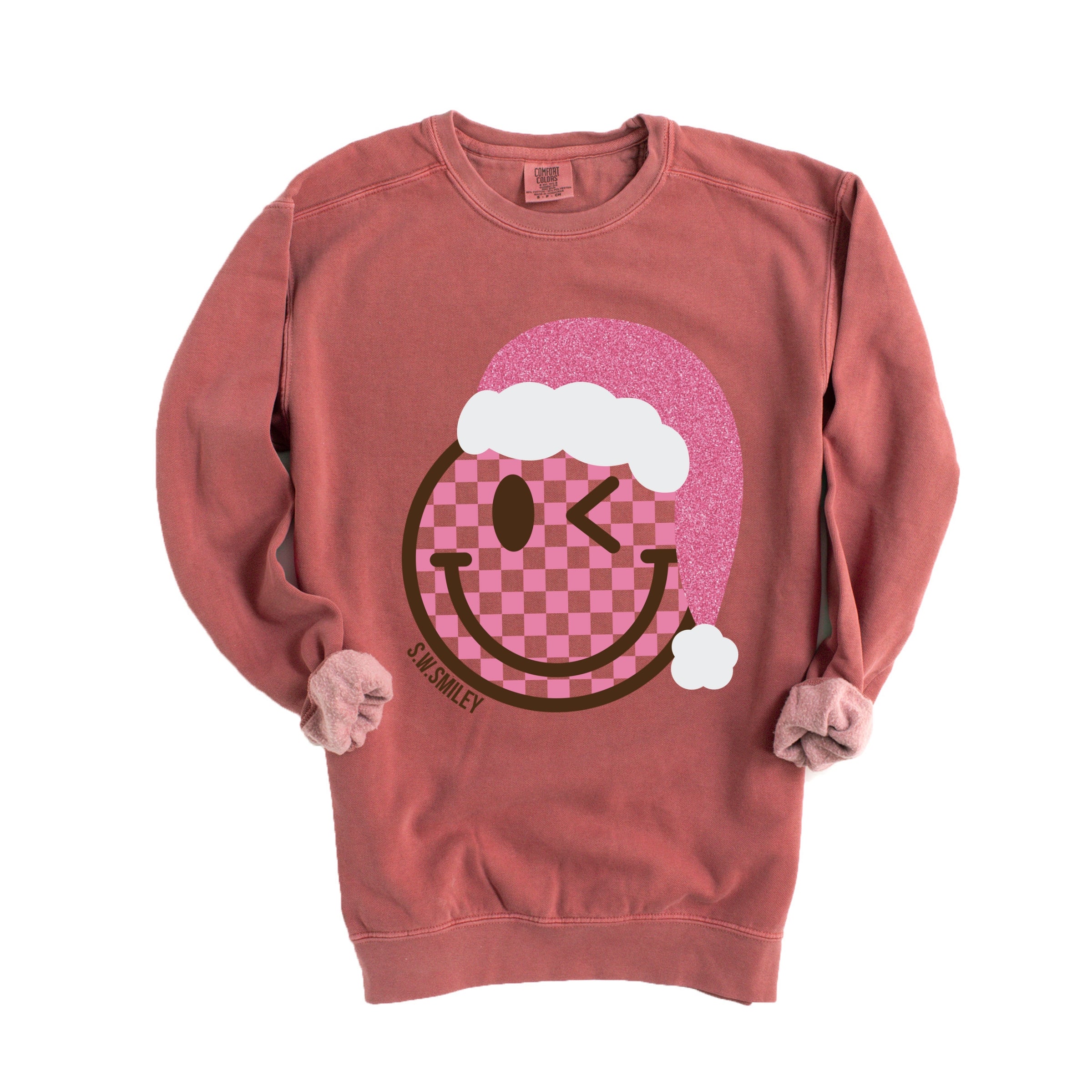 S.W.Smiley Glitter Santa Hat - Women's Garment Dyed Graphic Sweatshirt