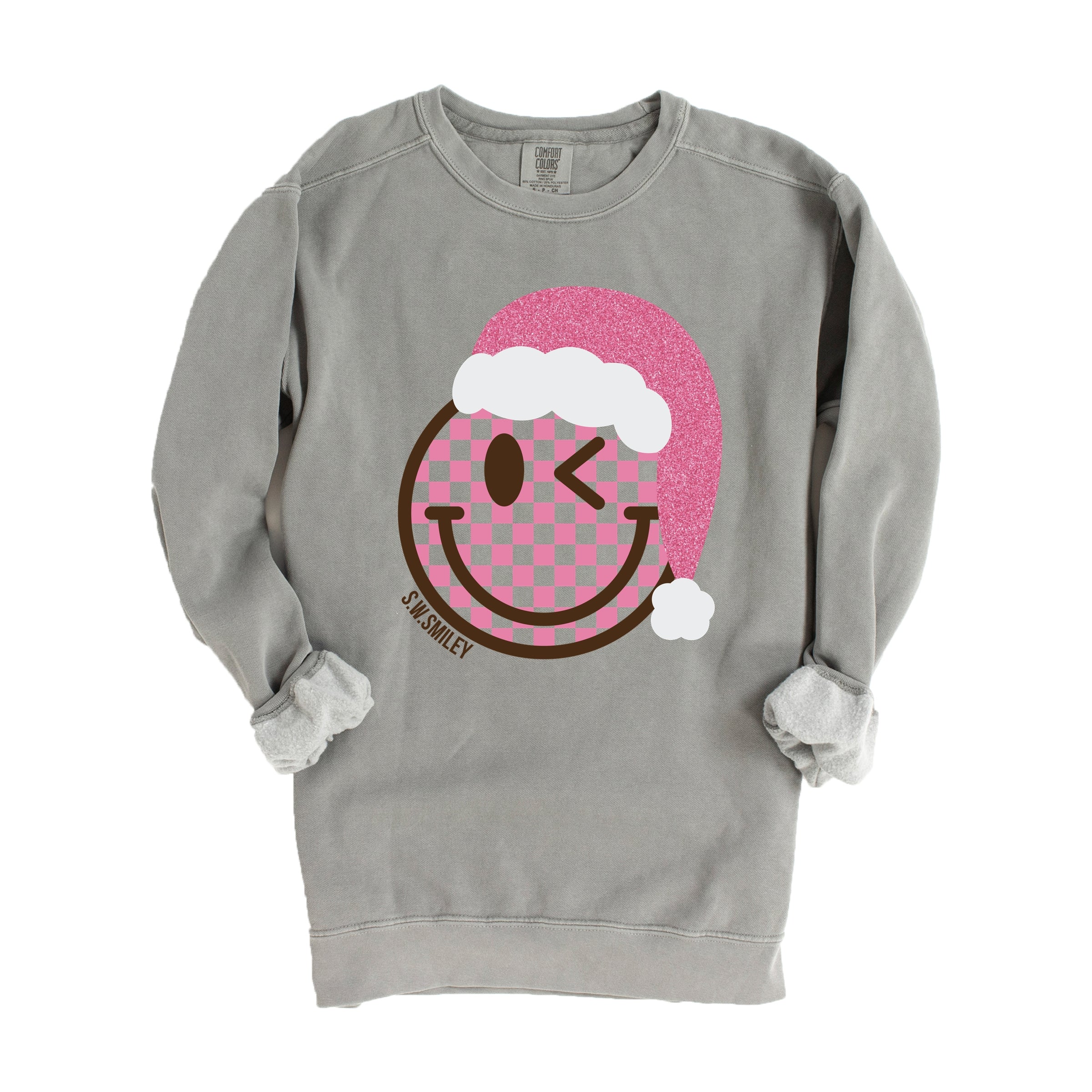 S.W.Smiley Glitter Santa Hat - Women's Garment Dyed Graphic Sweatshirt
