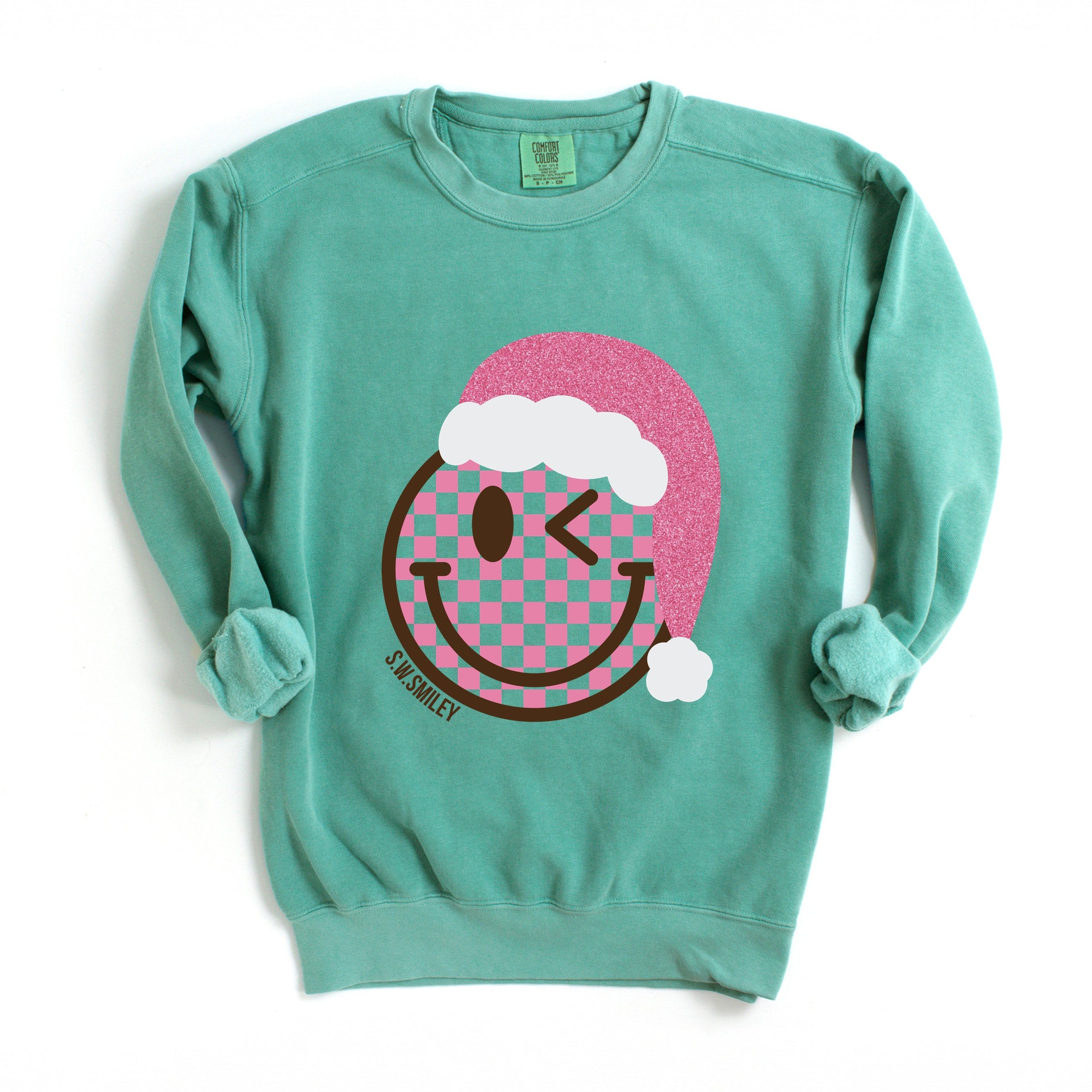 S.W.Smiley Glitter Santa Hat - Women's Garment Dyed Graphic Sweatshirt
