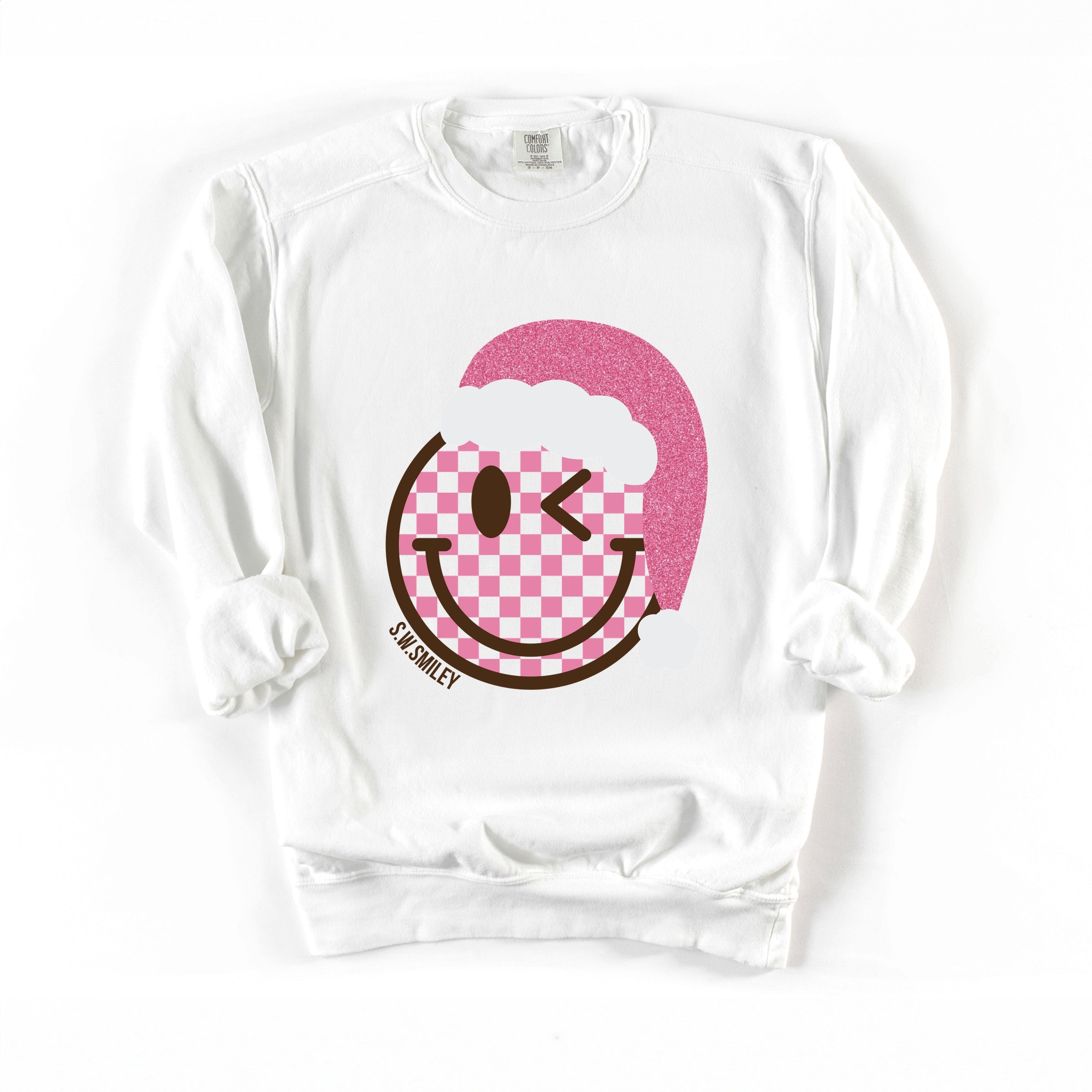 S.W.Smiley Glitter Santa Hat - Women's Garment Dyed Graphic Sweatshirt
