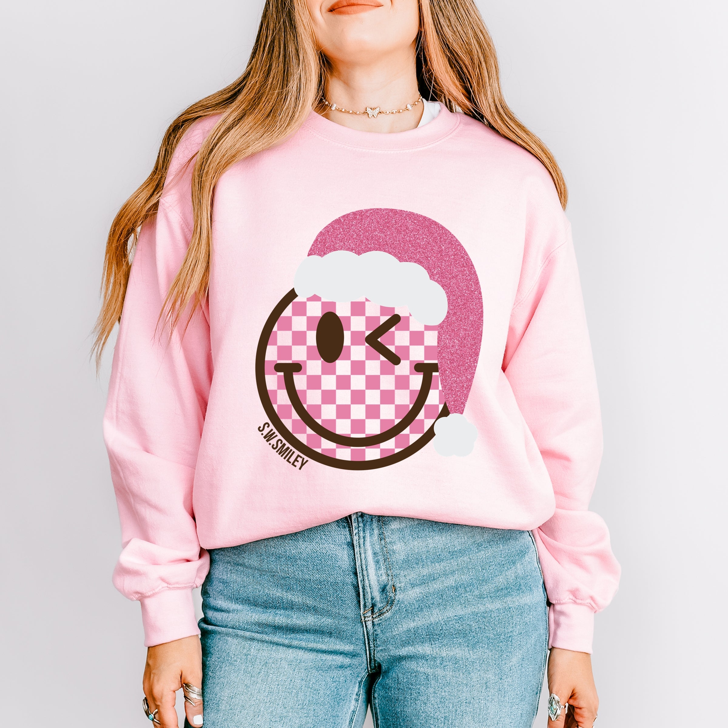 S.W.Smiley Glitter Santa Hat - Women's Graphic Sweatshirt