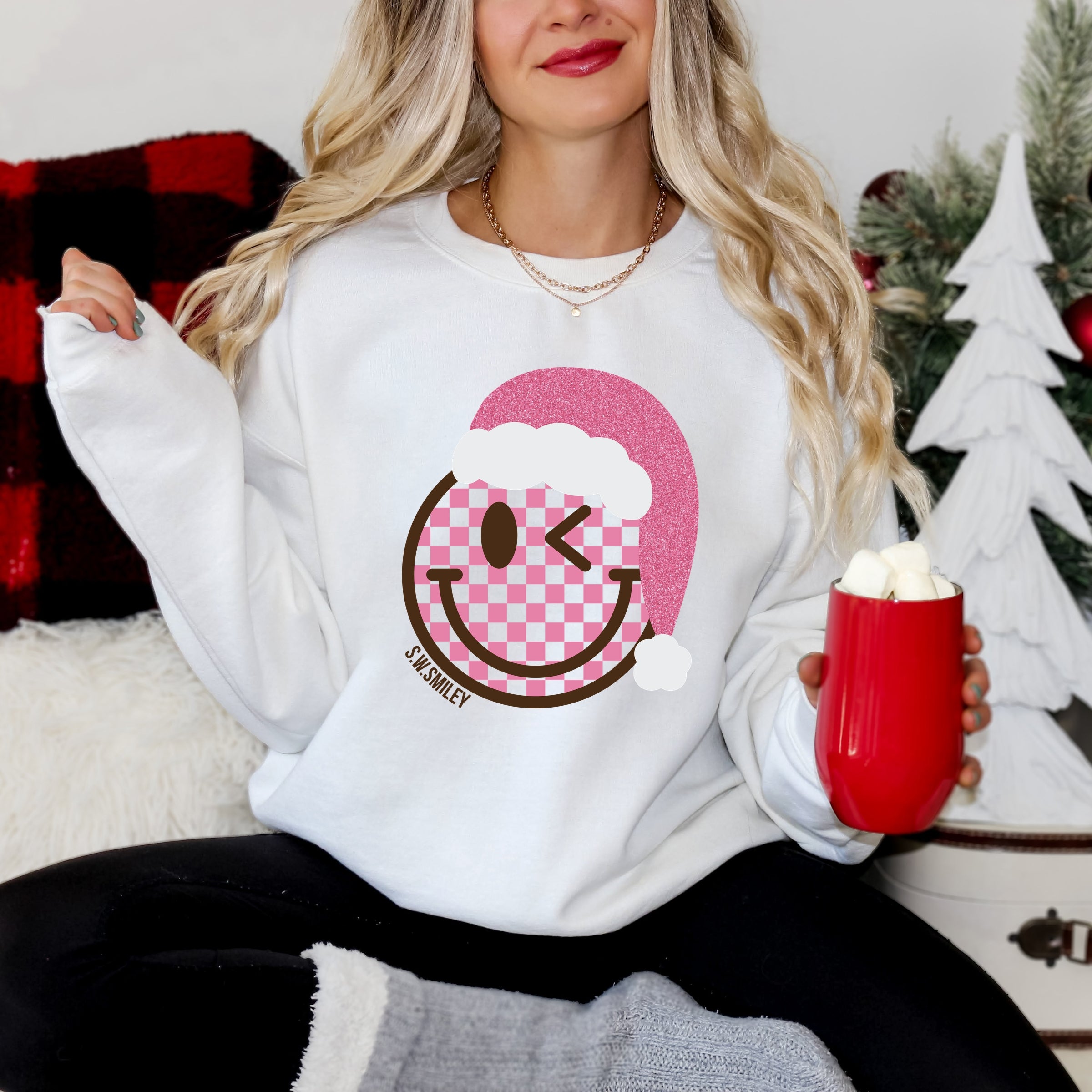 S.W.Smiley Glitter Santa Hat - Women's Graphic Sweatshirt