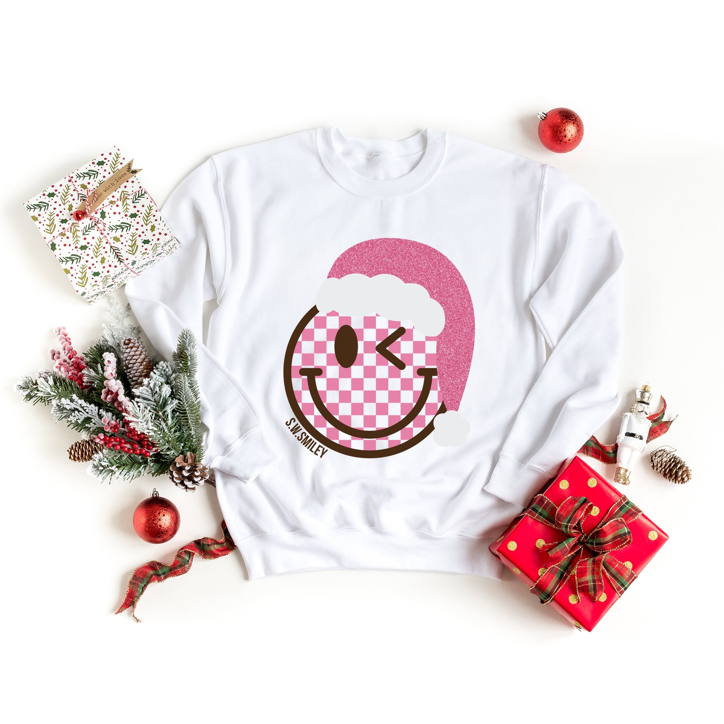 S.W.Smiley Glitter Santa Hat - Women's Graphic Sweatshirt